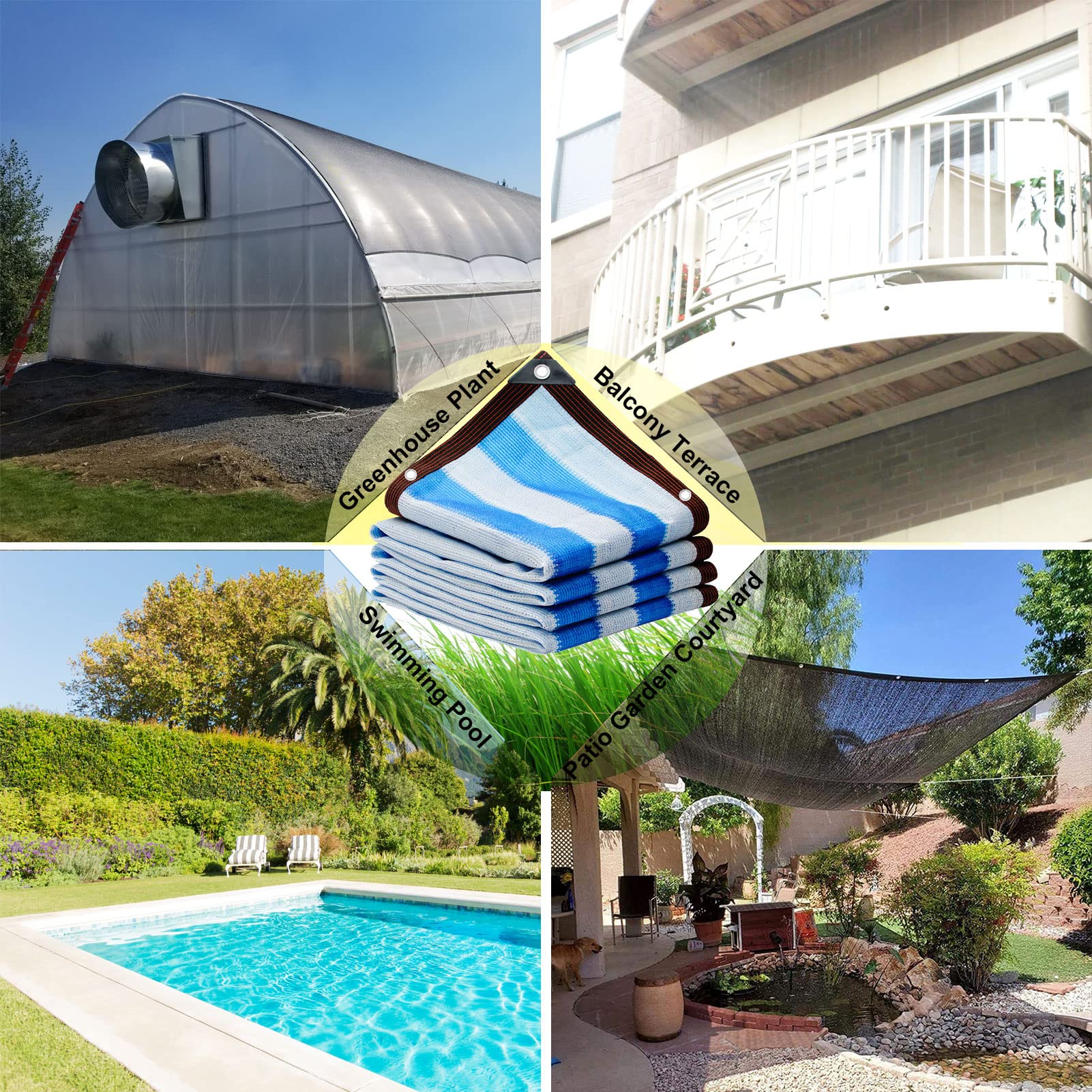 Filet de protection solaire anti-UV à 90 % - 4 x 6 m - Rayures bleues et blanches - Idéal pour les jardins, les serres, les plantes, les fruits, les poules - Couverture extérieure durable