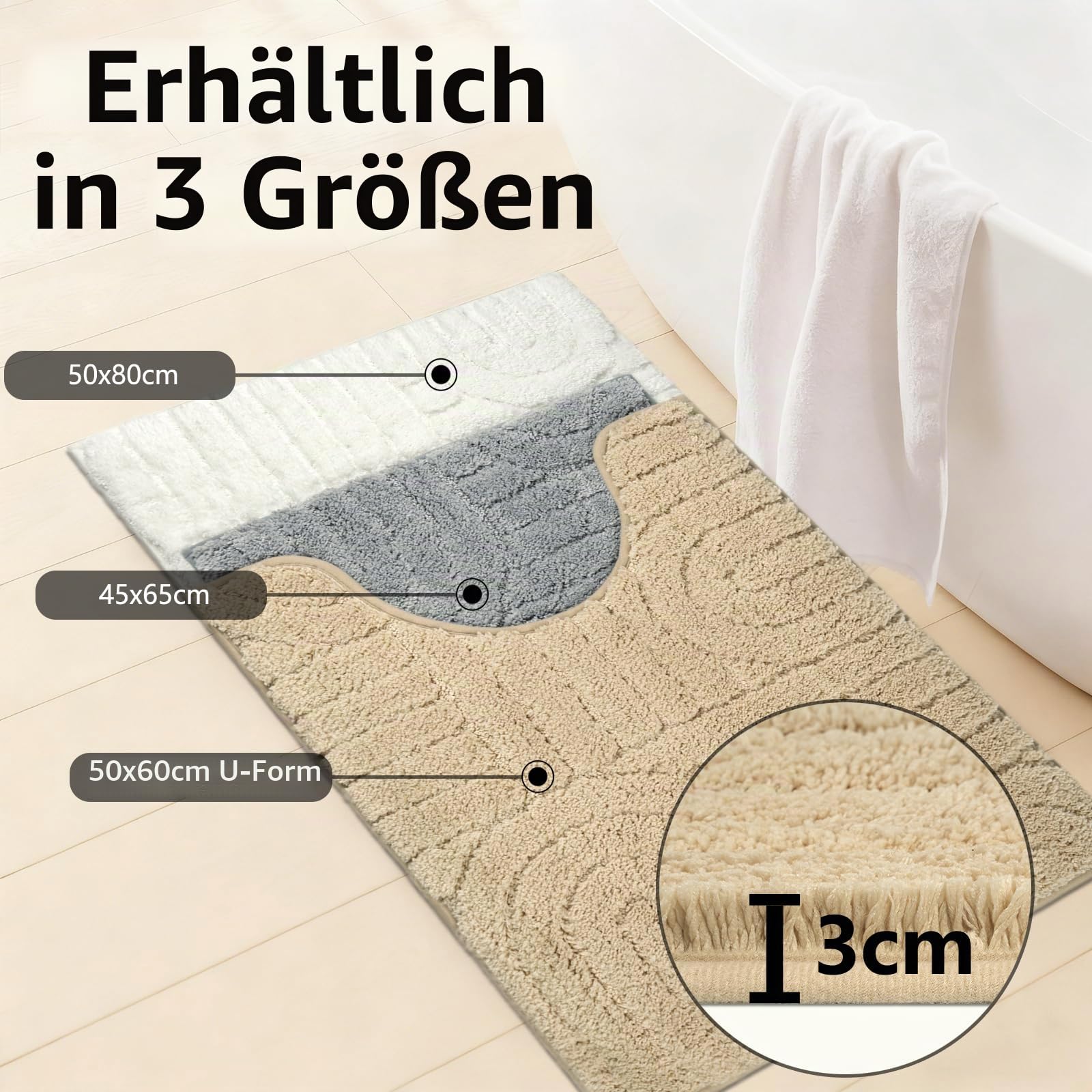 Homcomodar Badezimmerteppich Set 3 Weicher Mikrofaser Badematte rutschfest Badteppich Waschbar Badematte Wasserabsorbierend und U-Form Bad Toilette für Dusche, WC & Badewanne (White)