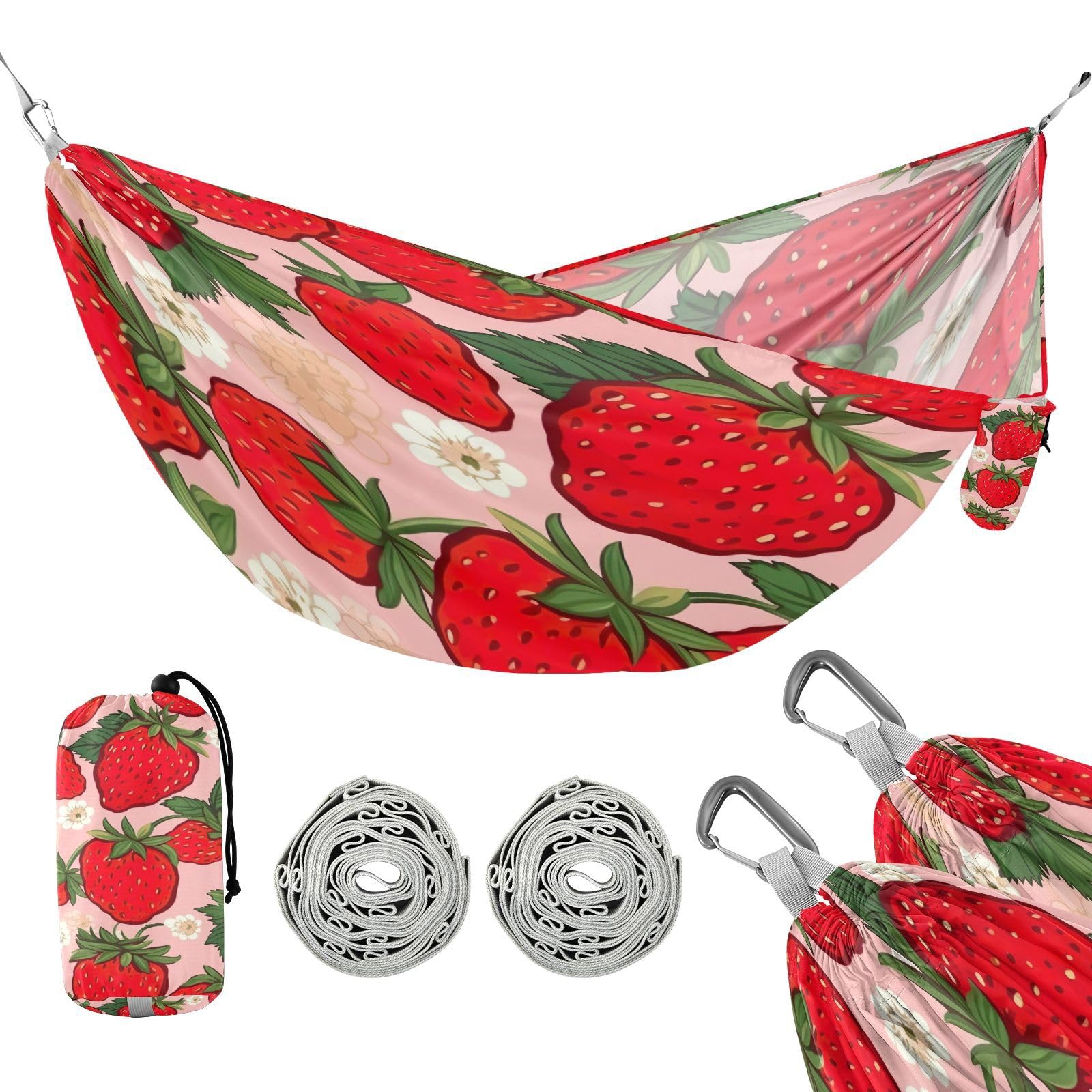 ATTX Strawberry Pattern Camping Hammock - Lightweight & Portable Hammocks, Heavy Duty 330lbs Capacity for Indoor, Hiking, Backpacking, Travel, Backyard, Beach#312