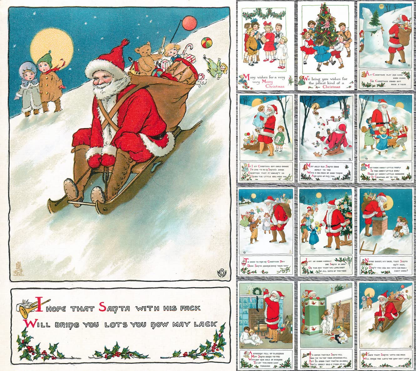 PIXILUV CHRISTMAS FUN TIMES (Pack of 12) Notecards Small Greeting Cards # Funny Happy Chirstmas Scenes and Santa with Wishes ~ Vintage Christmas Postcards Reprint