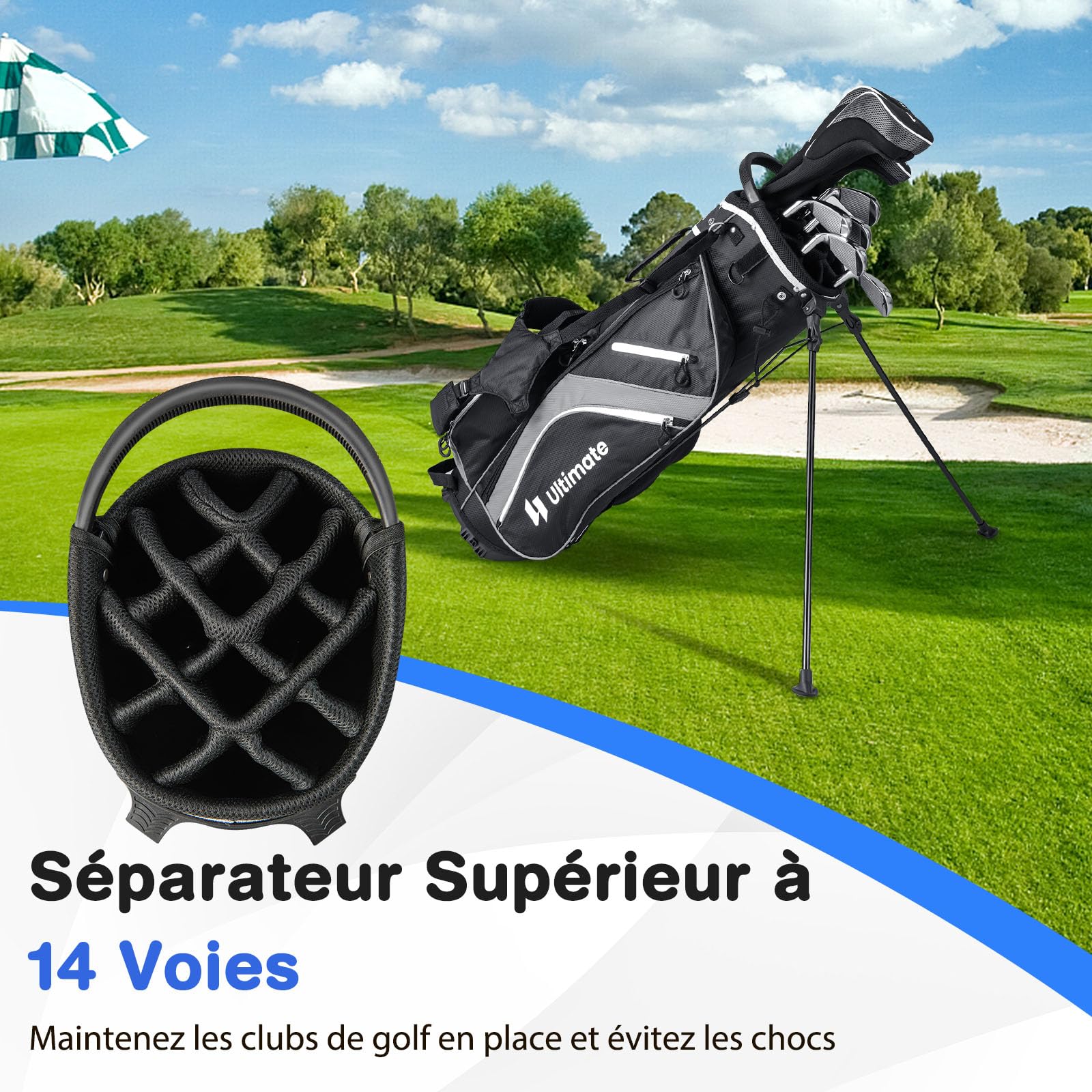 GOPLUS Sac de Golf avec Support à 14 Compartiments, Sac de Golf Trépied avec Double Bretelles, 6 Poches zippées, Sac Isotherme, Housse de Pluie, Sac de Golf Portable pour Hommes et Femmes