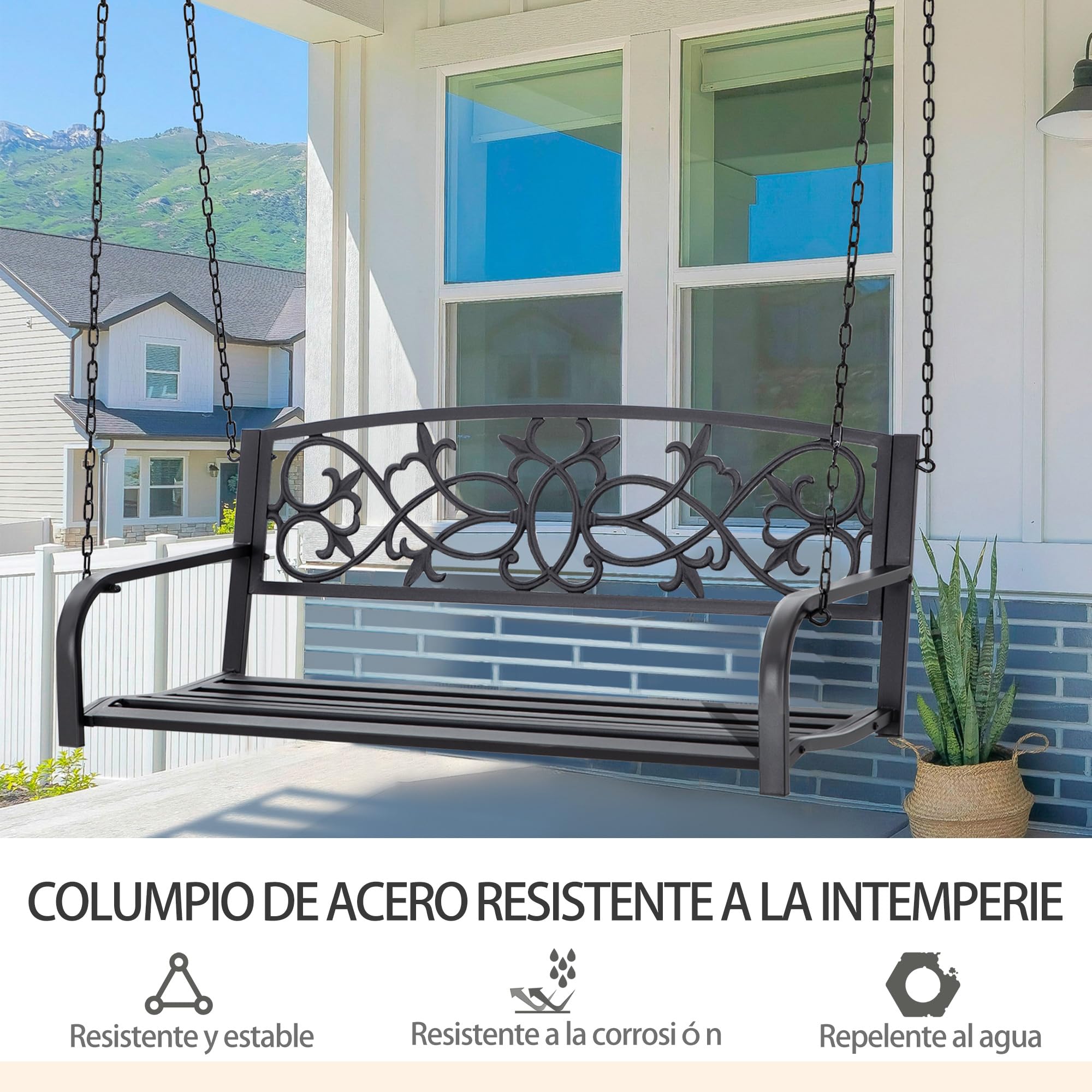 Outsunny Banco Columpio de 2 Plazas con Reposabrazos 127x59,5x52 cm Negro | Banco Colgante de Acero, Carga Máx. 240 kg, para Jardín Terraza Balcón Exterior
