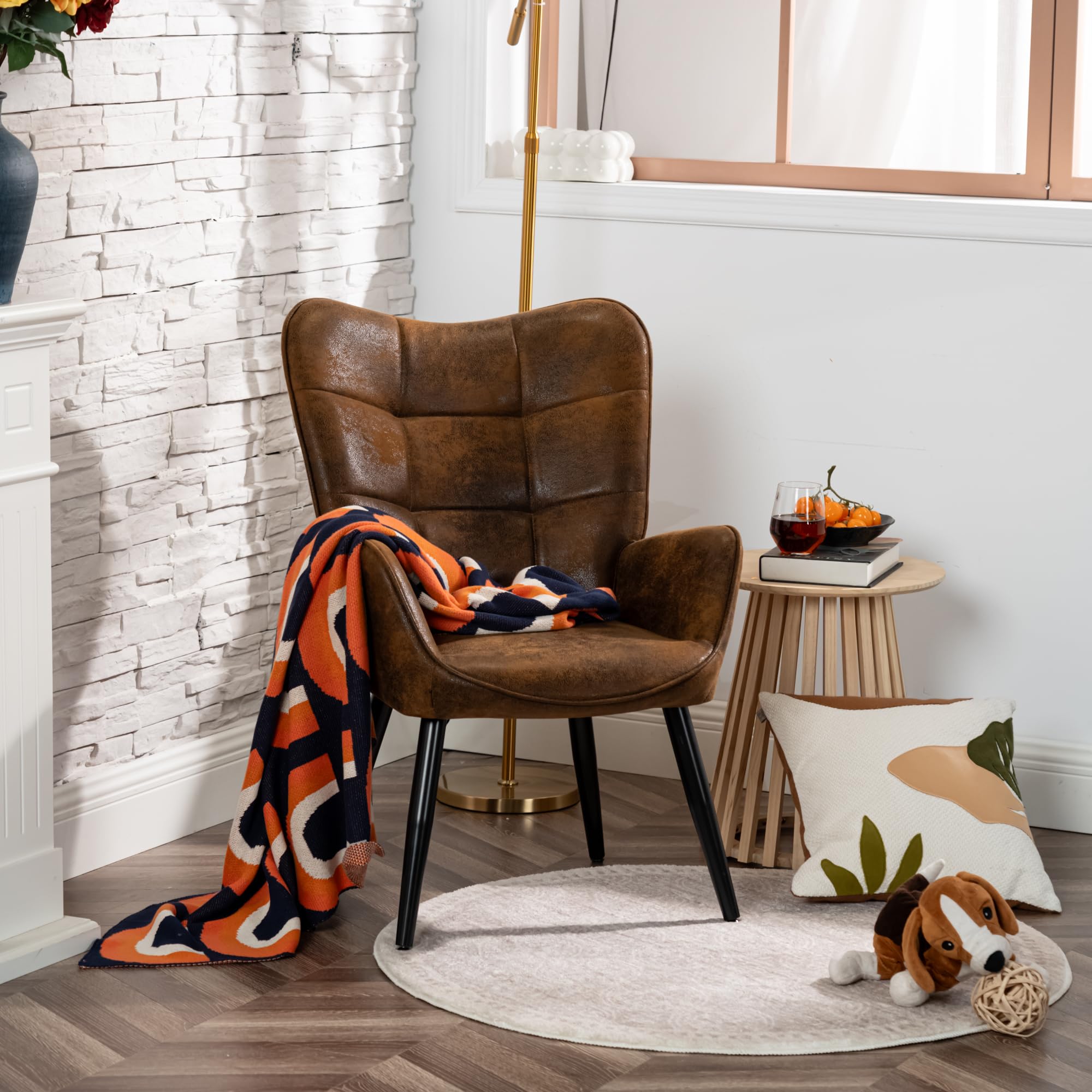 MEUBLE COSY Poltrona Imbottita Sedia da Salotto con Braccioli Poltroncina Relax con Schienale Alto e Cuscino Spesso Gambe in Metallo per Camera da Letto Soggiorno in Pelle Scamosciata Marrone