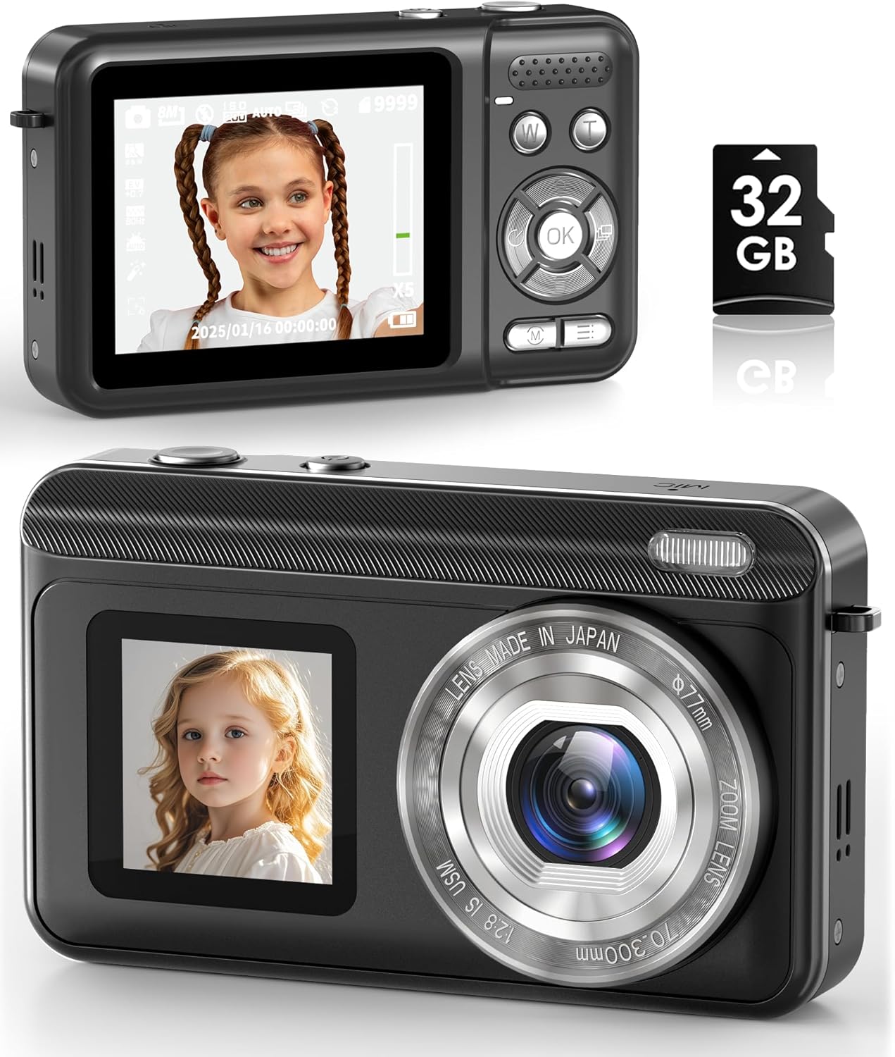 Digital Camera, Real 2.7K Dual-Screen Digital Camera for Photography Auto-Focus Vlogging Camera for YouTube Video 16x Zoom 32GB SD Card Anti Shake Compact Camera for Student Teen Boys Girls Kids