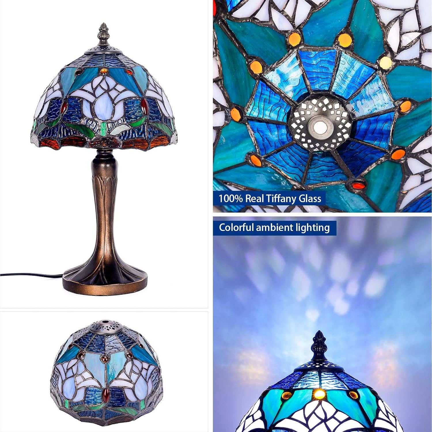 Stained Glass Bedside Small Table Lamp, Adjustable 3 Color Temperature, Blue Tulip Style Lampshade & Antique Leaf-Patterned Relief Base Desk Nightstand Light Decor for Bedroom Bookcase