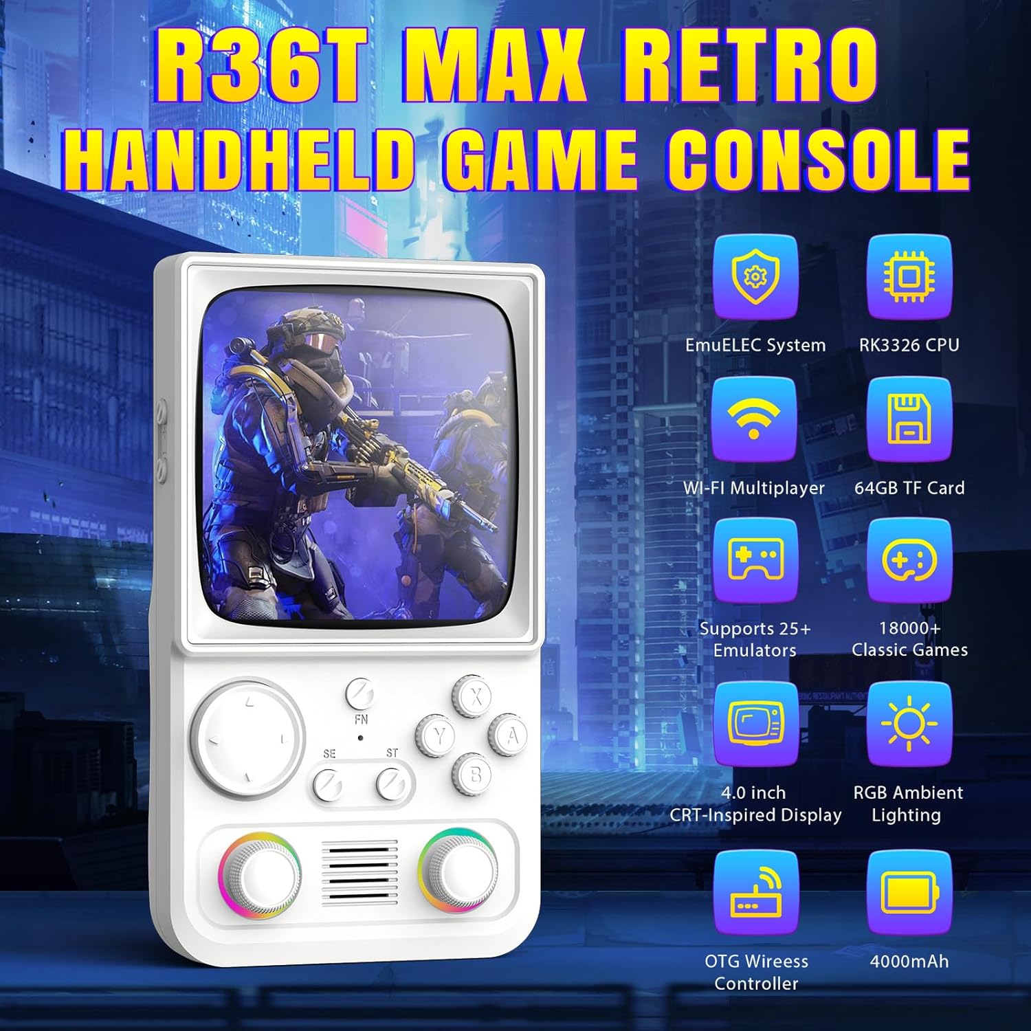 R36TMAX Upgraded Retro Handheld Game Console with 4000mAh Battery, 4.0'' IPS Screen, Retro Gaming Console with Portable Case, Supports WiFi Networked Fighting and OTG (Classic White) - Image 2