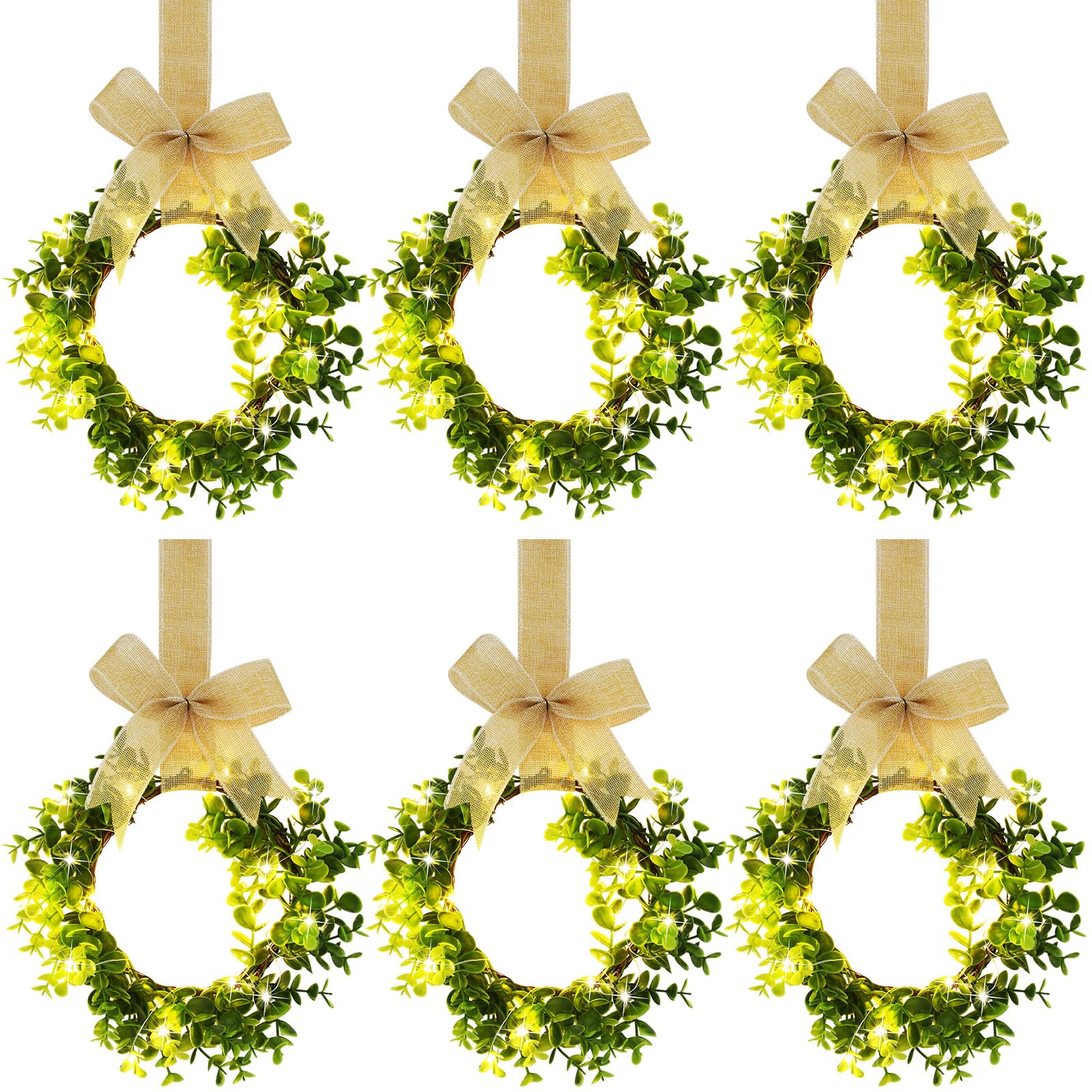 Cindeer 6 coronas de Navidad iluminadas con lazo de cinta a cuadros, coronas artificiales de boj con luces LED, coronas pequeñas de granja para puerta, pared, fiesta de Navidad (amarillo)