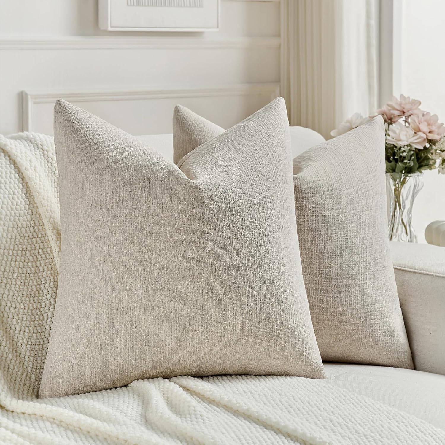 FUTEI Set of 2 Soft Chenille 60x60 cm Cushion Covers Textured Natural Faux Linen Scatter Pillow Covers 60 x 60 cm Farmhouse Accent for Sofa Bedroom Living Room, Beige
