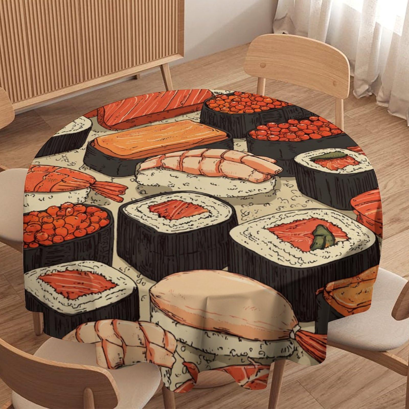 LUYYSKY Modern Rustic Sushi Waterproof Round Tablecloth Vintage Colorful Japanese Food Sushi Print Washable Table Cover for Kitchen-91.4" Wx91.4 L cm