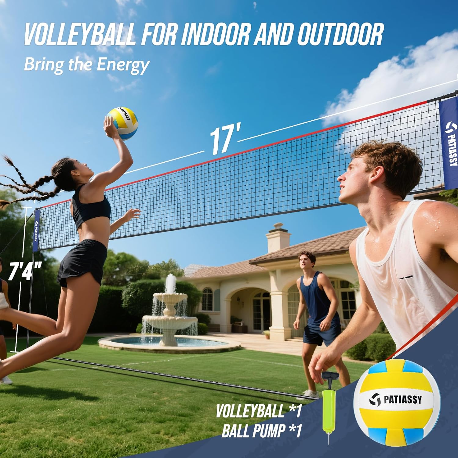 Volleyball Badminton Pickleball 3-in-1 Combo Net Set for Backyards, 5.1-7.4ft Adjustable Height Freestanding Indoor Sports Nets, Portable 17ft Outdoor Net with Carry Bag, Rackets and Balls