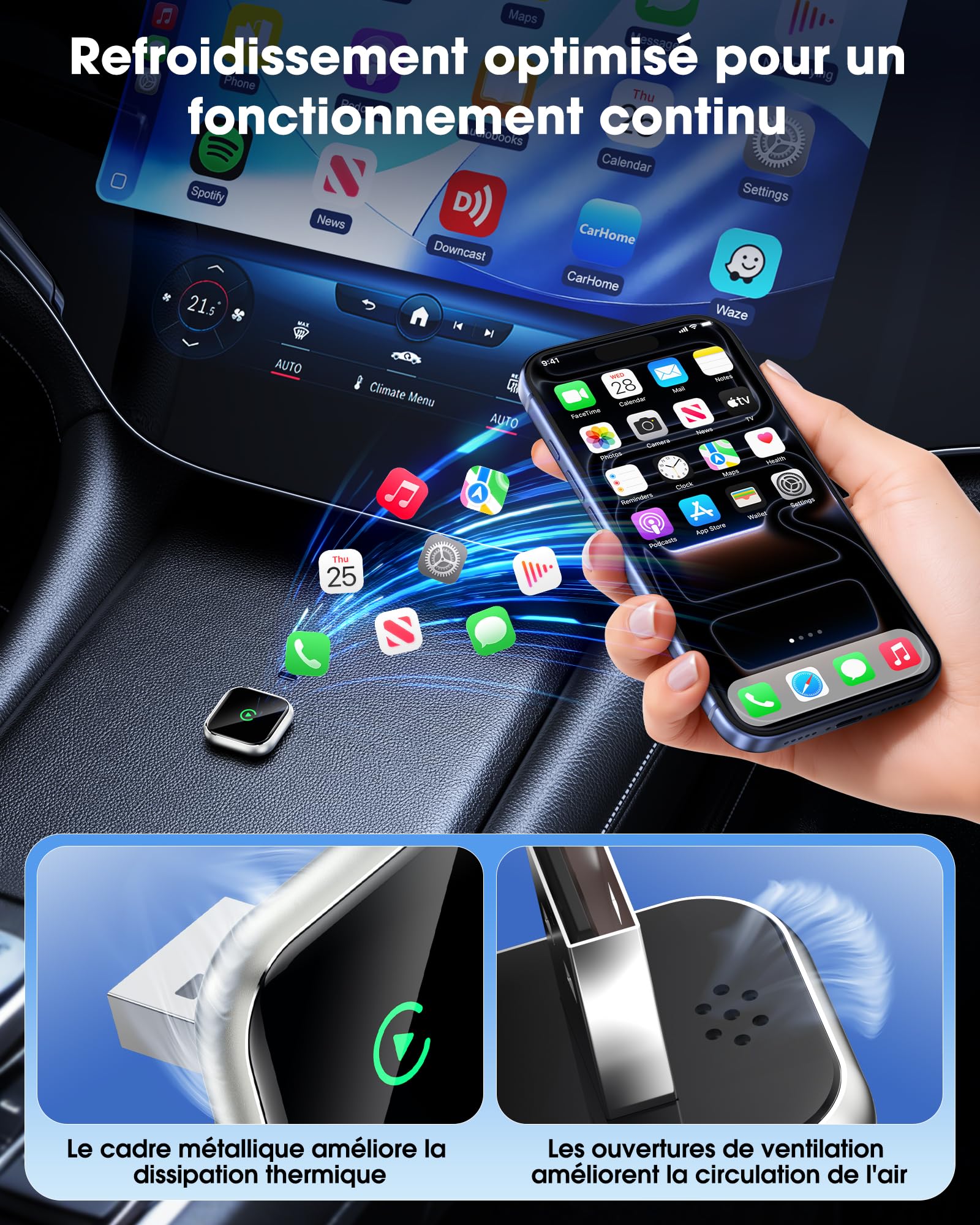 Boîtier CarPlay sans Fil pour GPS Portable pour Voiture – pour écran monté sur Tableau de Bord, convertit CarPlay Filaire en sans Fil, Compatible système d’Origine (2016+) Uniquement pour iPhone