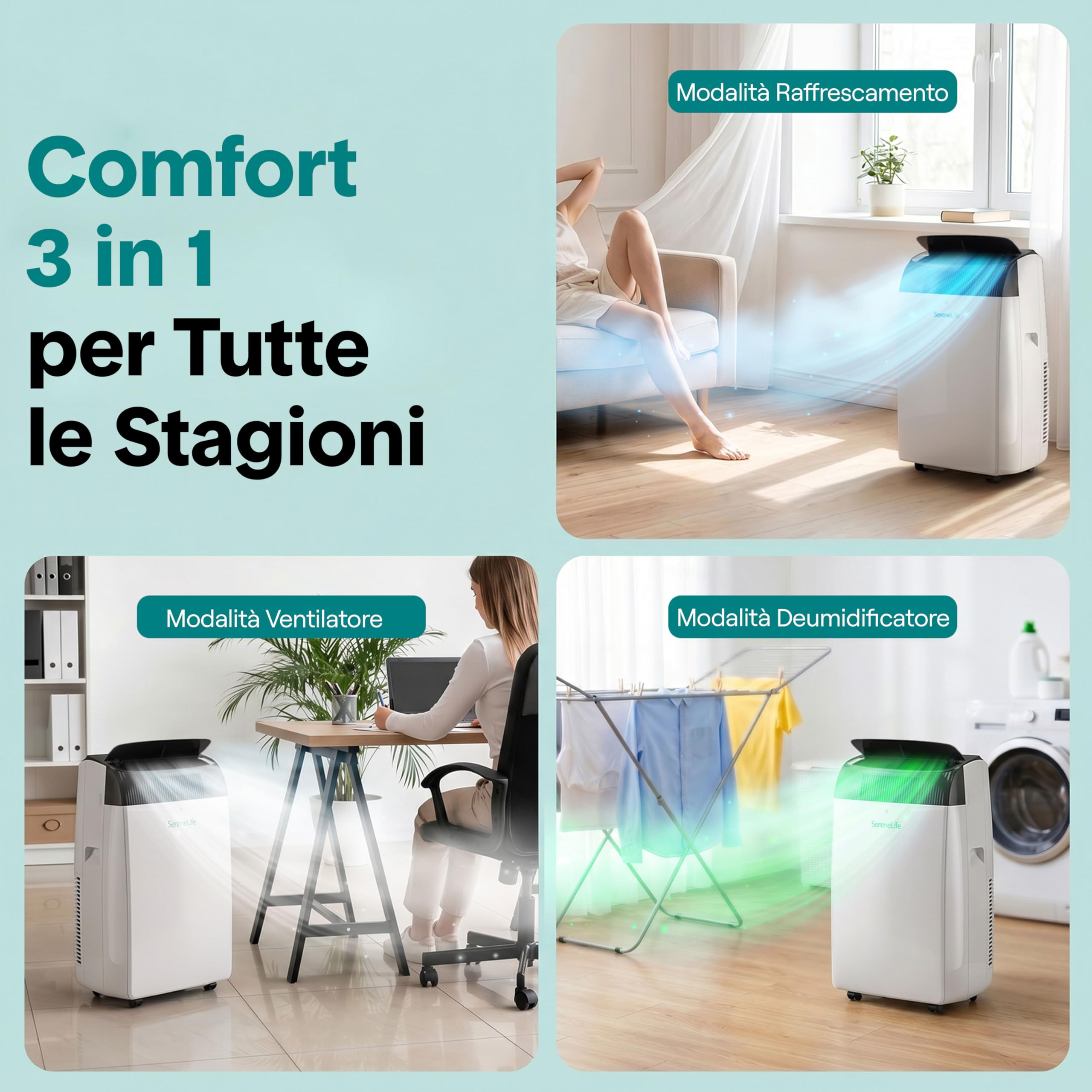 SereneLife Climatiseur Mobile 12000 BTU WiFi pour 40 m² – Climatisation Mobile Silencieuse 3 en 1 avec Évacuation, Déshumidificateur, Ventilateur, Kit Fenêtre et Roulettes