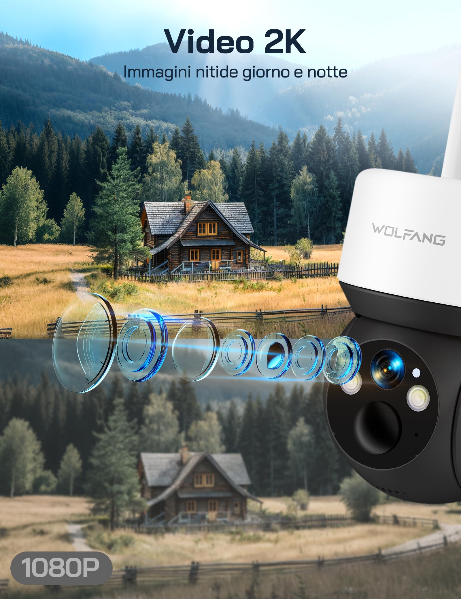 WOLFANG Telecamera Esterno 4G Con SIM E Pannello Solare – 2K HD, Visione Notturna, PIR, Audio Bidirezionale, 32GB SD – Senza WiFi