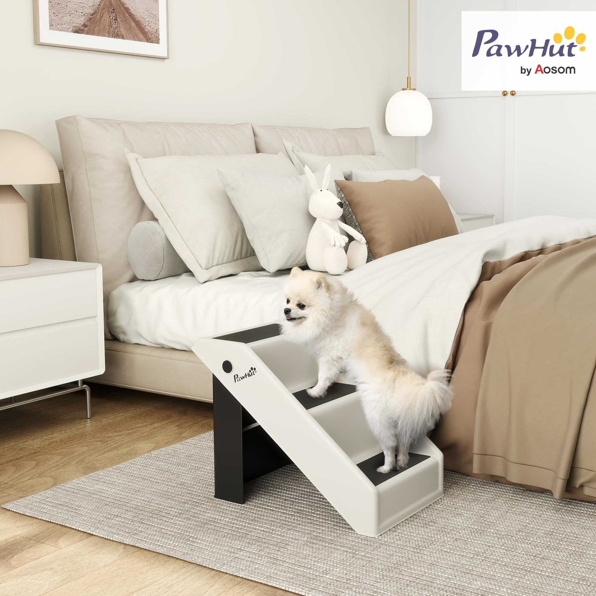 PawHut Escalera para Perros Plegable de 3 Peldaños Portátil Escalera para Mascotas Mayores Perros Pequeños Gatos para Sofá y Cama 53x30,5x36,5 cm Blanco Crema