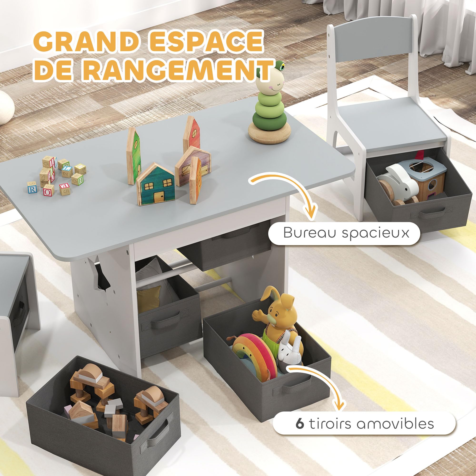AIYAPLAY Table Enfant avec Chaise, Ensemble Table et 2 chaises Enfant pour Dessiner, Jouer, étudier avec 6 tiroirs Amovibles, pour Fille garçon 3-8 Ans, Gris Clair