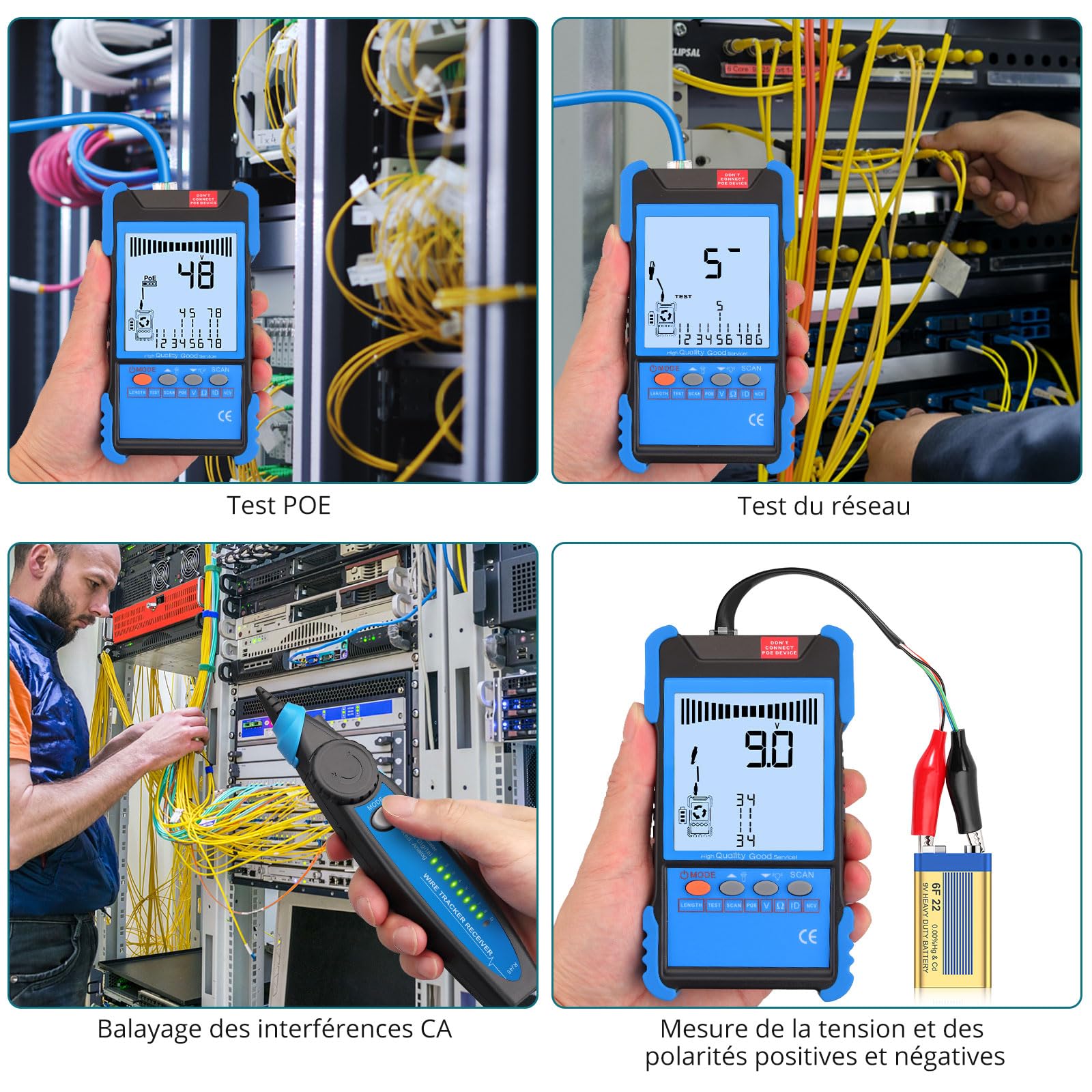 Testeur de Câble Réseau RJ45 RJ11 avec Écran LCD, Détecteur de Câble Fonction PoE & NCV Détecteur de Ligne Continuité Traqueur de Fil Multifonction pour CAT5 CAT6 CAT7 CAT8