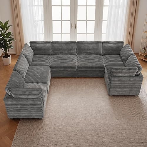 Luxury Modular Sectional Sofa Couch - 130" Oversized U Shaped Cloud Couch for Living Room,Deep Seat Upholstered Convertible Sleeper Sofa Couch with Chaise,Plush Corduroy,Grey