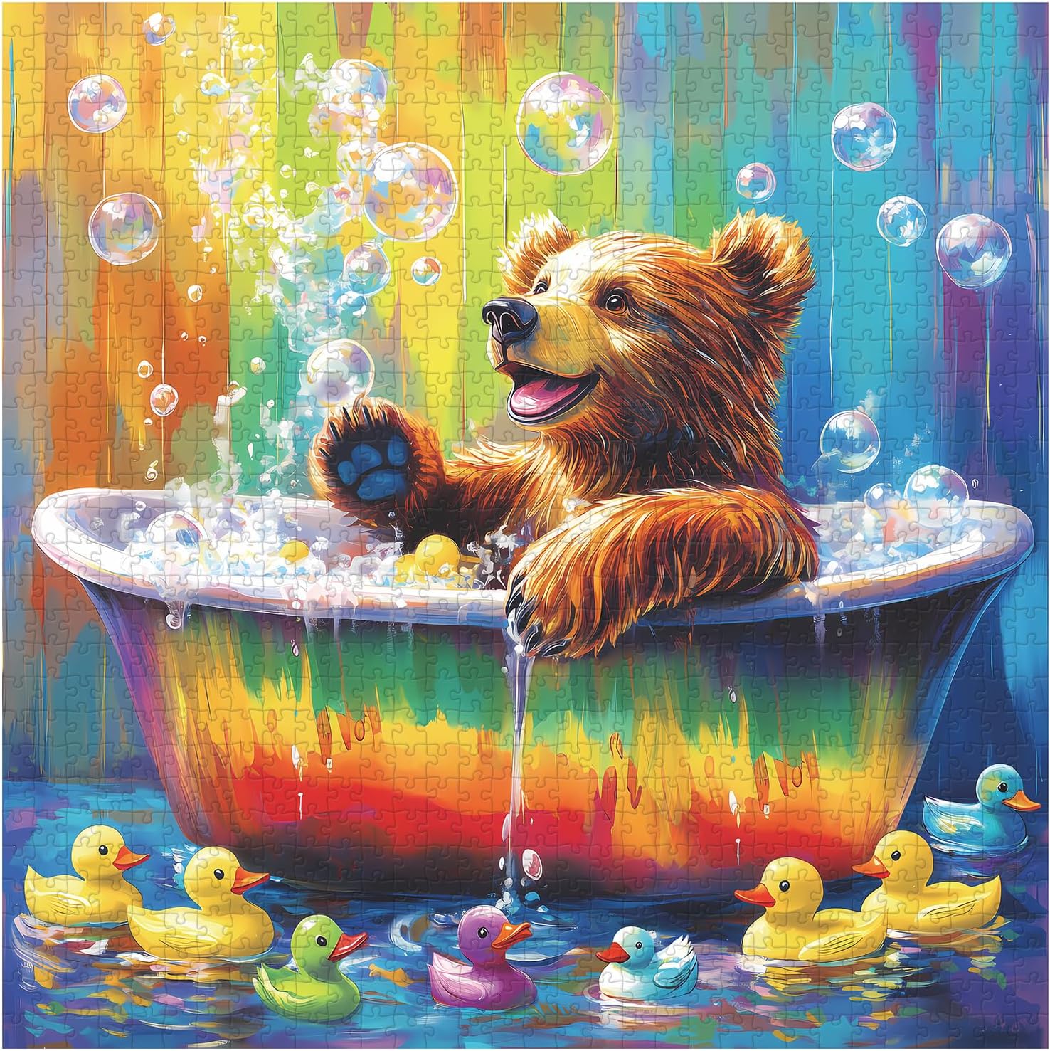 Bear Animal Puzzles for Adults 1000 Pieces, Funny Bathing Bears Jigsaw Puzzle, Challenging Rainbow Duck Puzzle as Home Decor