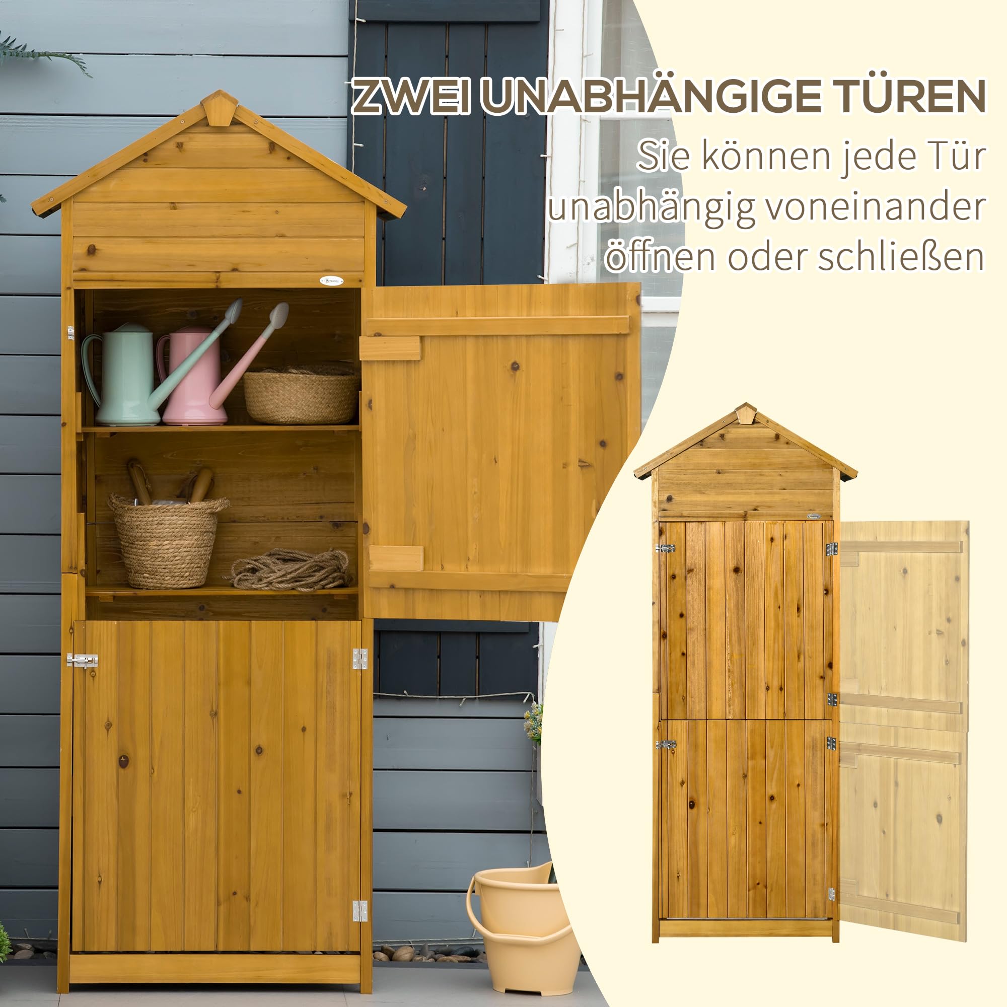 Outsunny Gartenschrank Holz wetterfest Geräteschrank 79x49x191,5cm Satteldach Doppeltür Naturholz