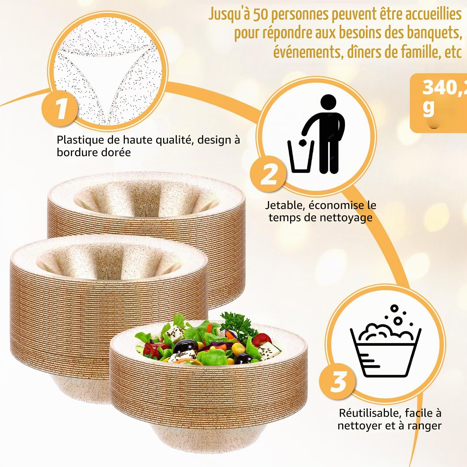 AKOLAFE 50 Pièces Assiette Plastique Creuse Doré Transparent 350 ml, Bol Plastique 18 cm avec Paillettes, Vaisselle de Fête pour Mariage, Anniversaire et Noël
