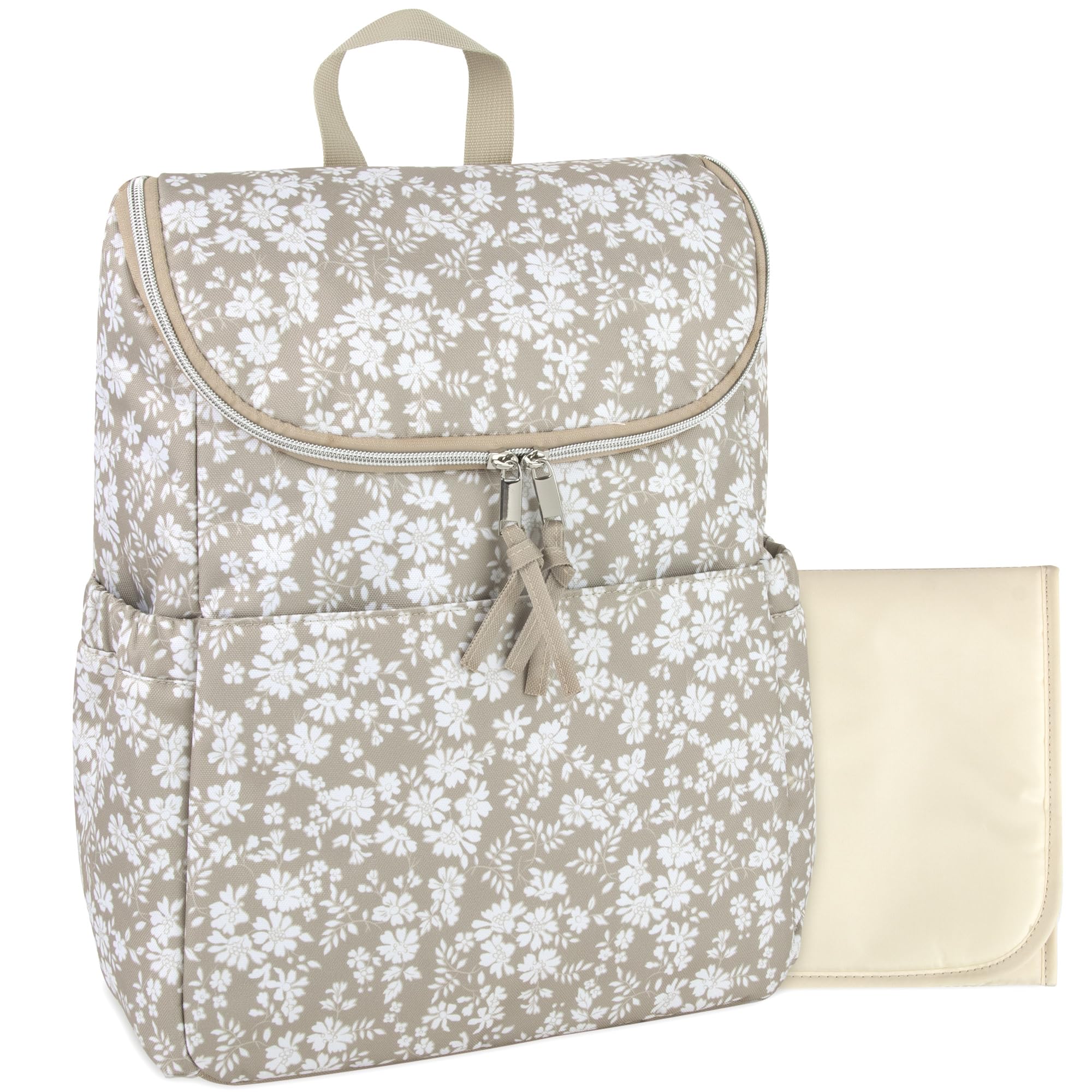 Multifunctional Diaper Bag Backpack Travel Diaper Bag with Changing Pad and Stroller Straps, Coffee Bouquet, M