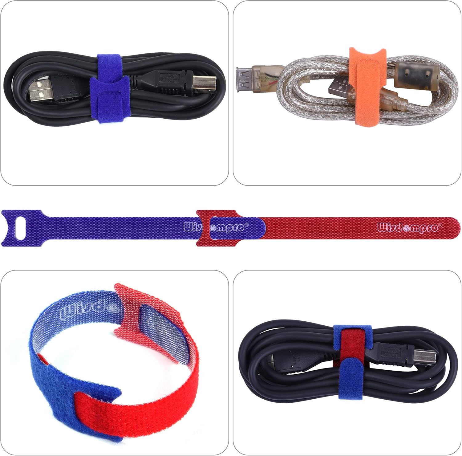 50 Pack 6 Inches Hook and Loop Cable Ties, Self-gripping Fastening Cord Strap by Wisdompro - Reusable, Durable Functional Ties to Keep Your Home, Office, Workspace from Tangled Messes of Cords