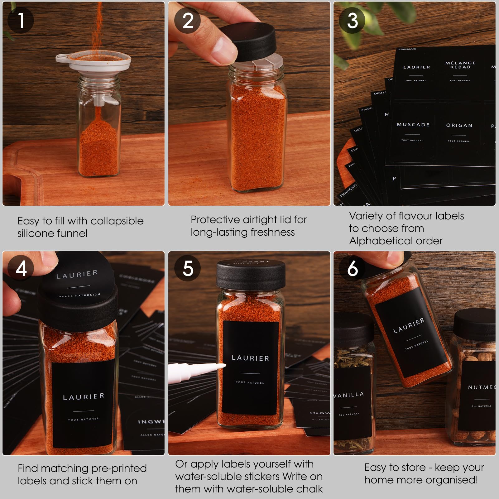Pot à Épices en Verre et Bois, 25 Pièces Bocaux à Épices avec Étiquettes d'épices Françaises, 120ml Boite à Épices Cuisine Rangement, Bocal Epices avec Tamis, 308 Étiquettes, Entonnoir