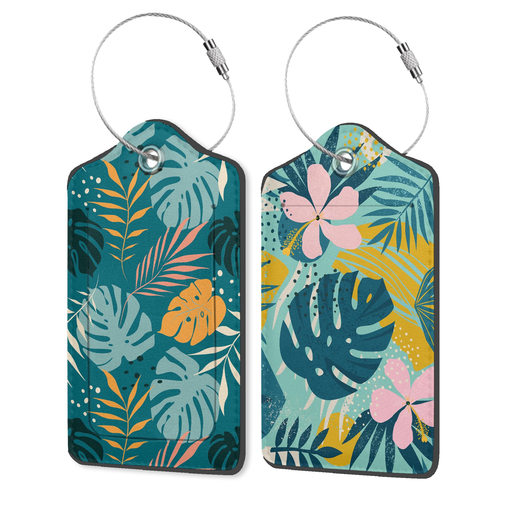 Paquete de 2 etiquetas de equipaje de poliuretano con lazo de acero inoxidable, hojas de palma tropicales botánicas y florales, etiquetas de maleta de viaje con cubierta de privacidad, etiqueta de