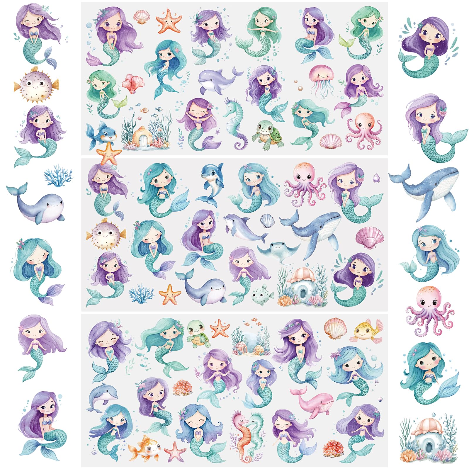 WANDIC 3 Sheets Rub On Transfer Stickers, Cartoon Mermaid Waterproof Decals Furniture Craft Decorative, Junk Journals for DIY Scrapbooking, 15 * 30cm
