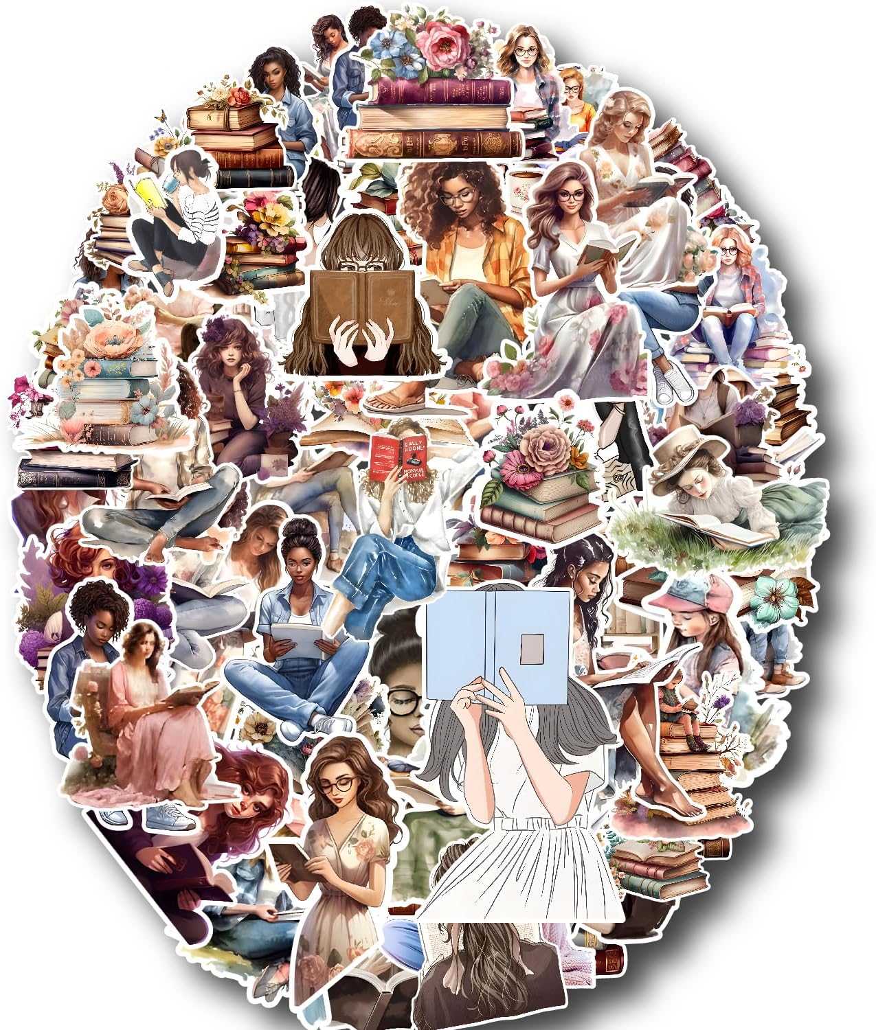 Cute Girls Stickers for Journal Diary DIY Daily Scrapbook Stickers for Page Decoration 80 PCs Sticker (Reading Girls)
