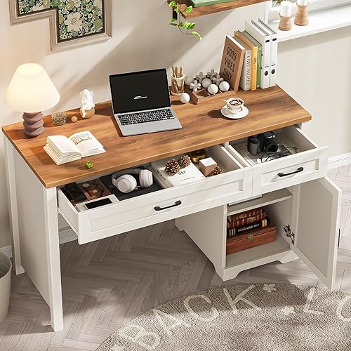 Miniatura 5 de Vabches Farmhouse Escritorio ejecutivo de 47 pulgadas, escritorio para computadora con cajones y armario de almacenamiento, escritorio de oficina en