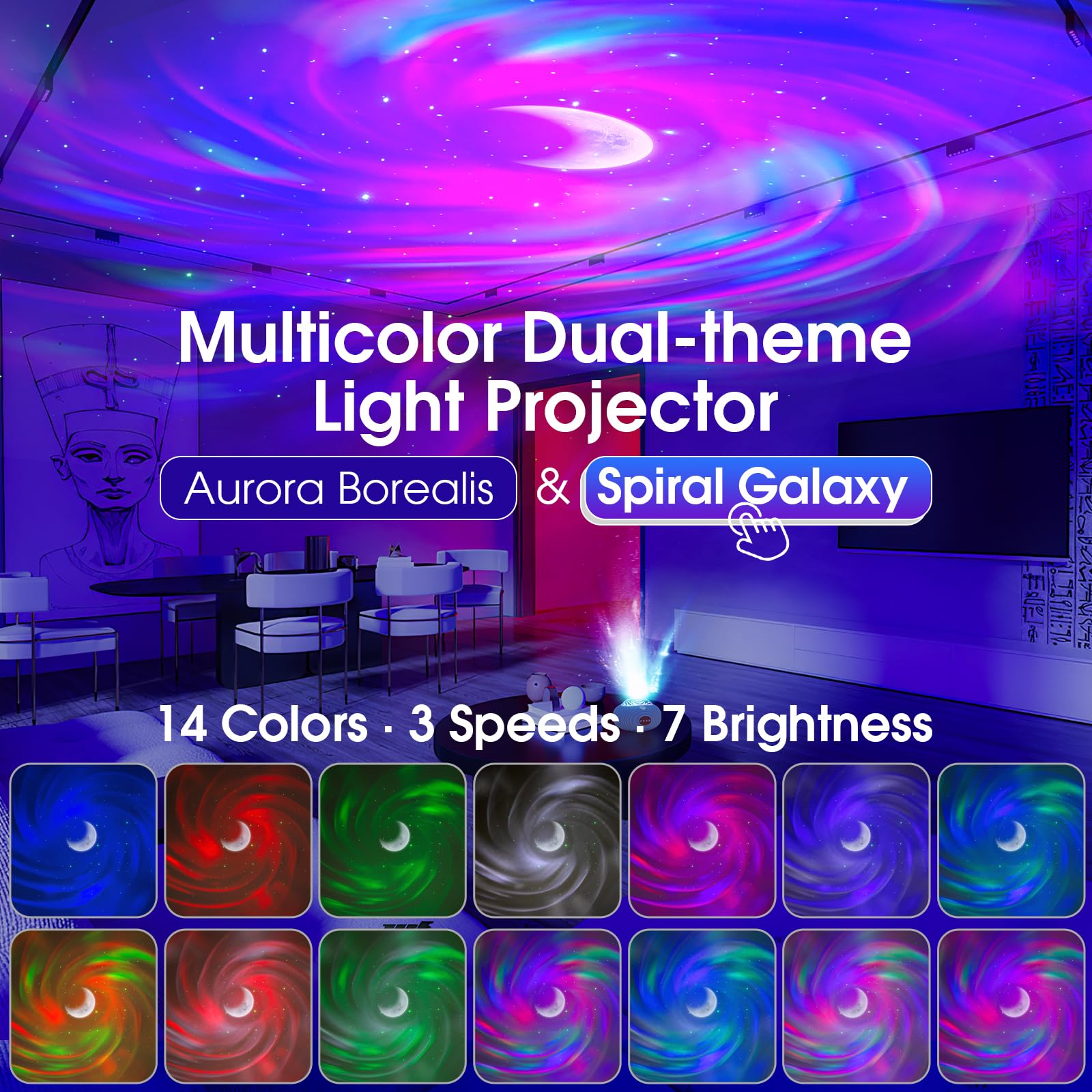 ALACRIS Proiettore Aurora & Lampada Proiettore Stelle Soffitto, 4-in-1 Luce Notturna per Bambini con con 14 Colori, Telecomando, Timer e Rumore Bianco, Regali Giocattolo di Natale e Compleanno