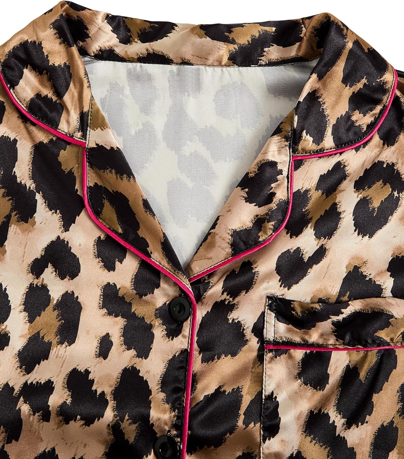 Women's 2 Piece Satin Pajama Set Leopard Button Front Short Sleeve Cheetah Collar S... - Image 4