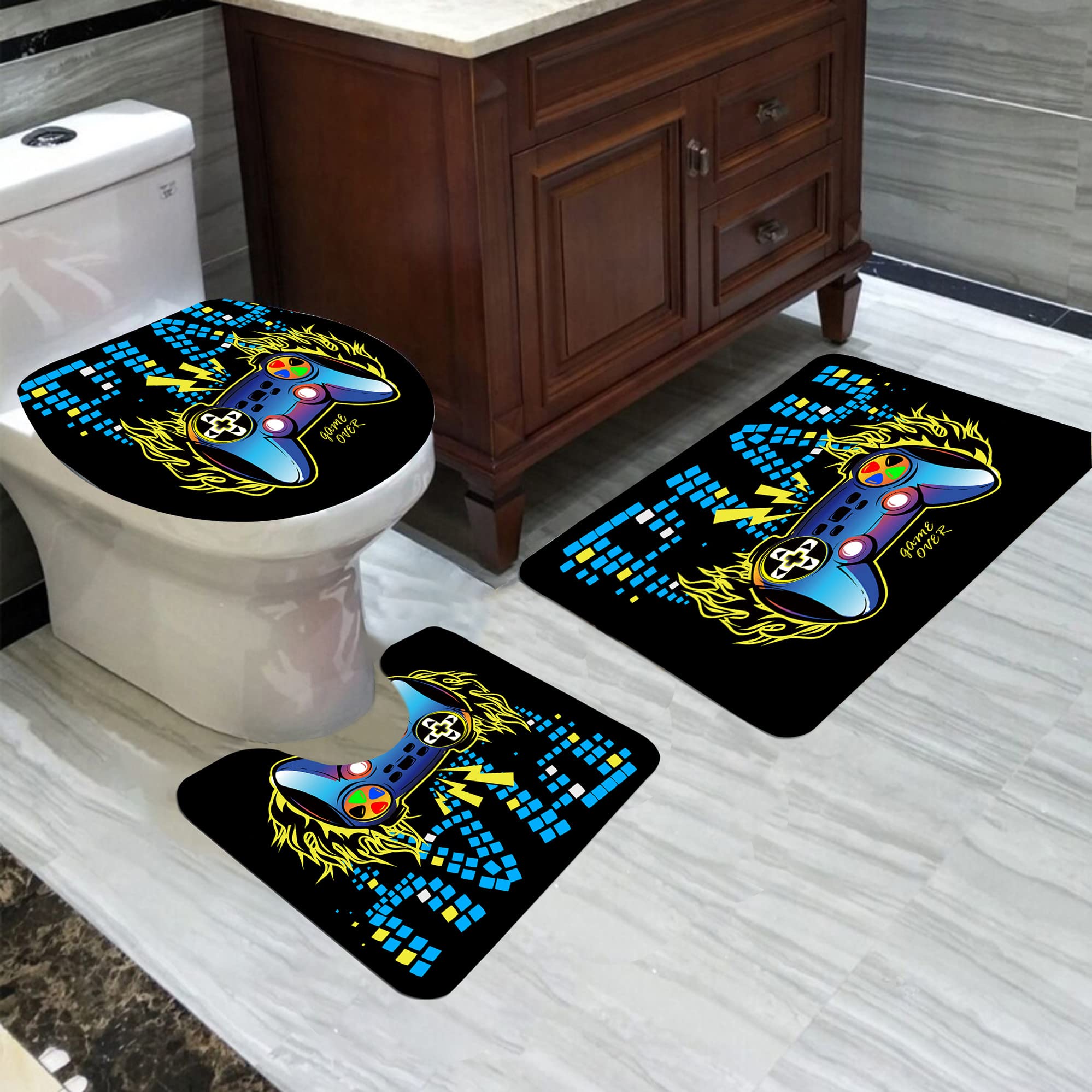 4 Pcs Gaming Shower Curtain Set for Bathroom, Boys Gamer Bath Curtain for Kids Teens, Gamepad Controller Curtains with Rugs Bathroom Decor, Video Games Curtain Waterproof Fabric with Hooks 1