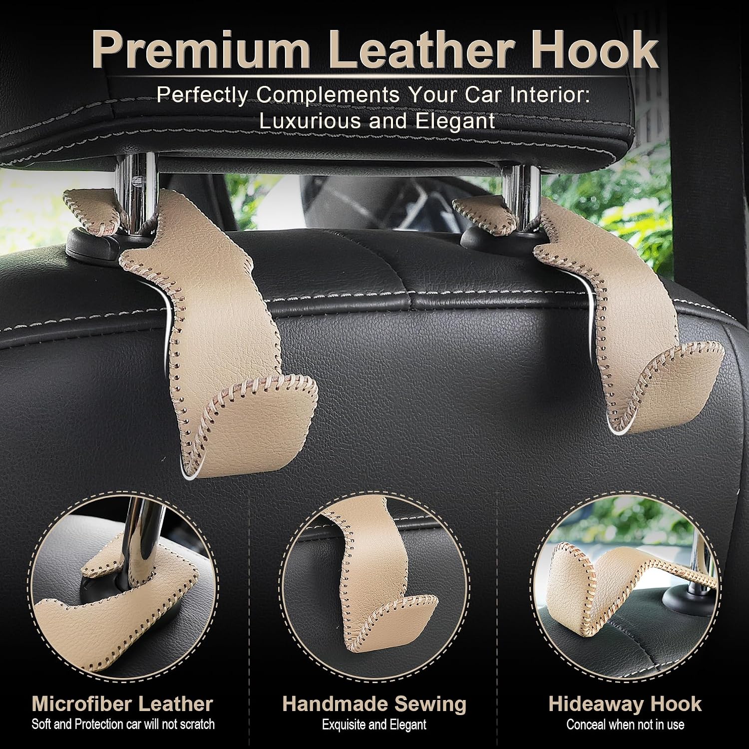 LivTee Beige Superior Leather Car Seat Back Headrest Hook, Auto Seat Hook Hangers Interior Accessories for Purse Coats Umbrellas Grocery Bags Handbag, 2-Pack image 2