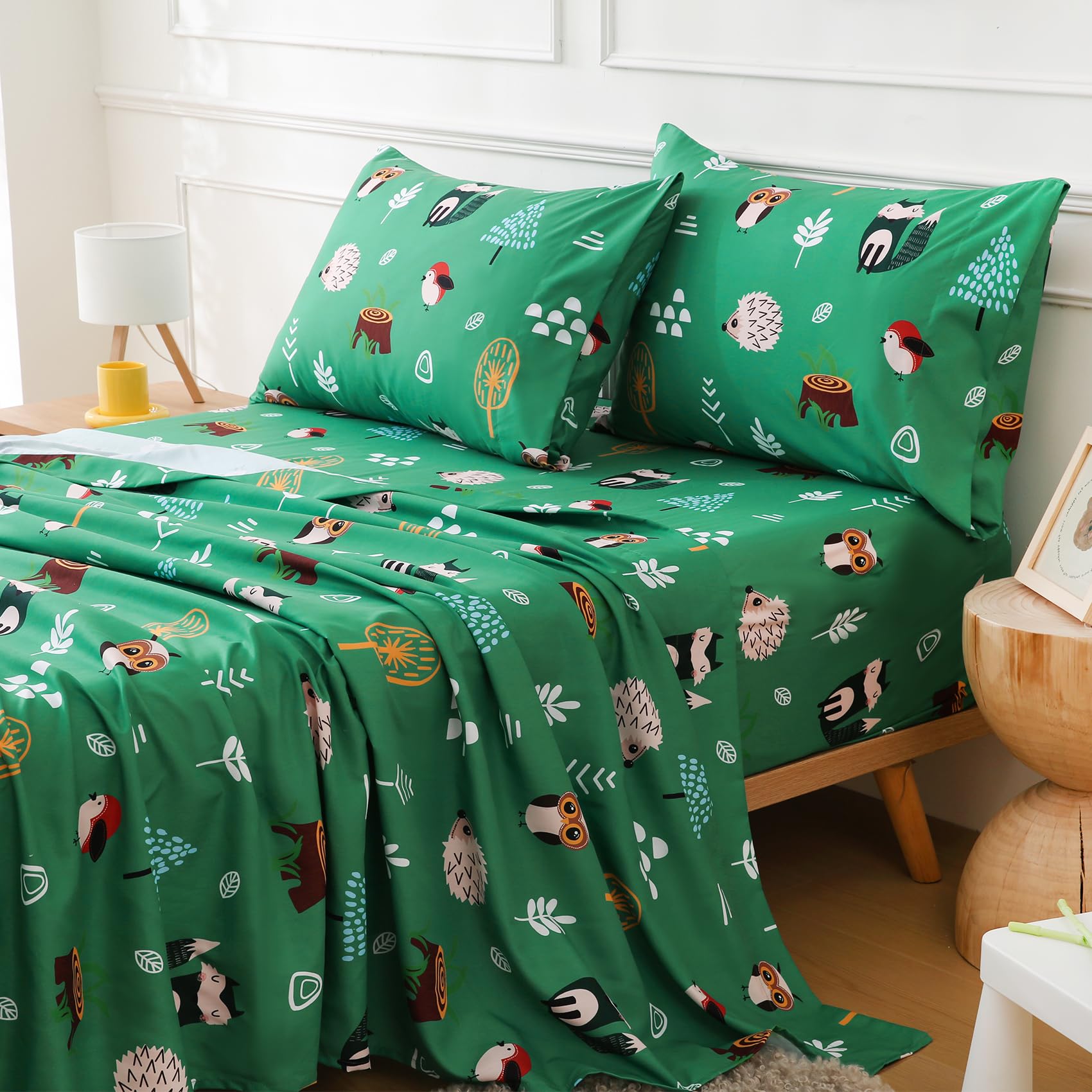 CIMVI Green Forest Animals Twin Sheets Set for Kids 3 Piece Soft Microfiber Bed Sheets with Deep Pocket Cartoon Fox Owl Hedgehog Printed Bedding for Children Boys Kids