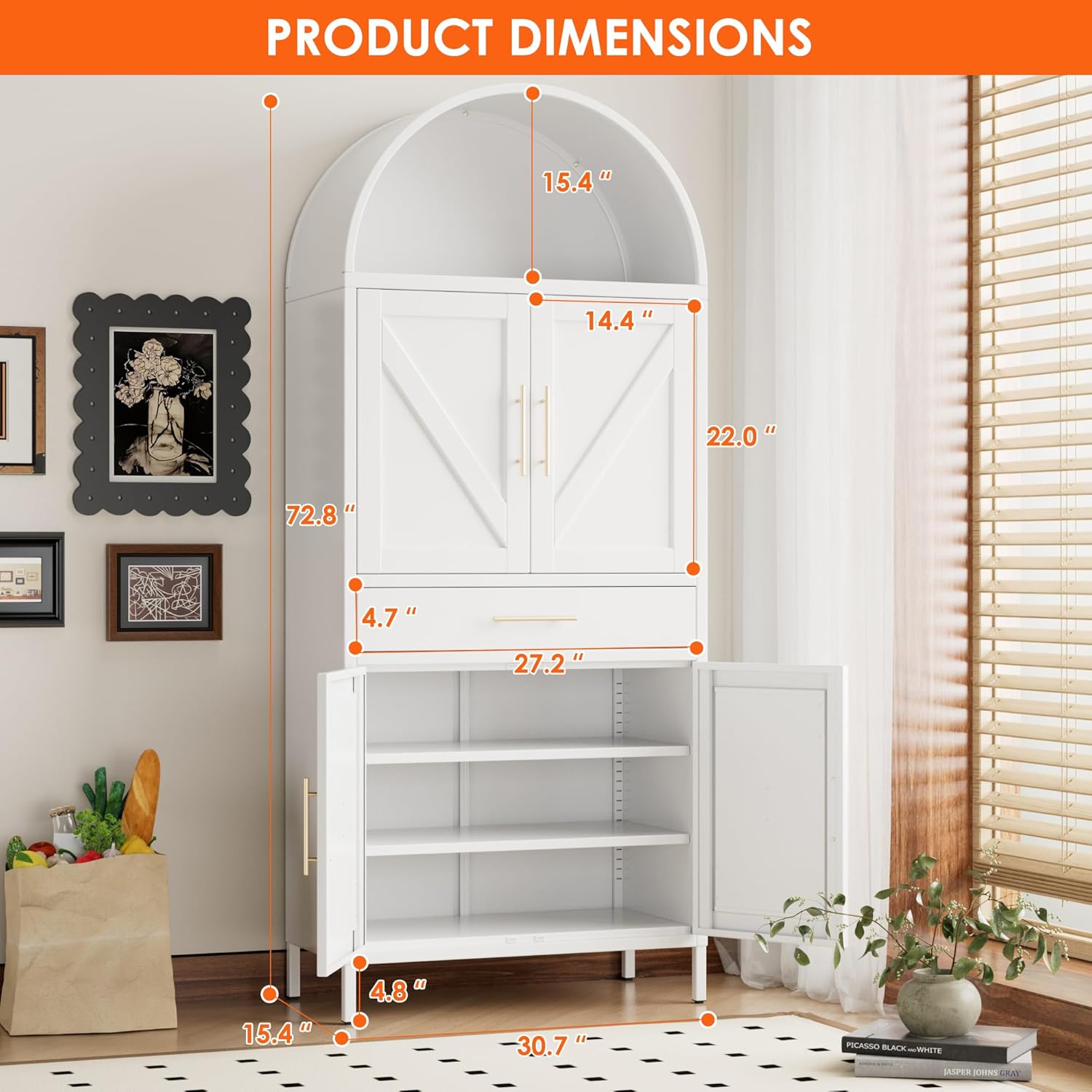 73” Kitchen Pantry Cabinet with 1 Drawer, Arched Storage Cabinet with Doors and Adjustable Shelves, Tall Freestanding Cupboard for Kitchen,Living Room, White