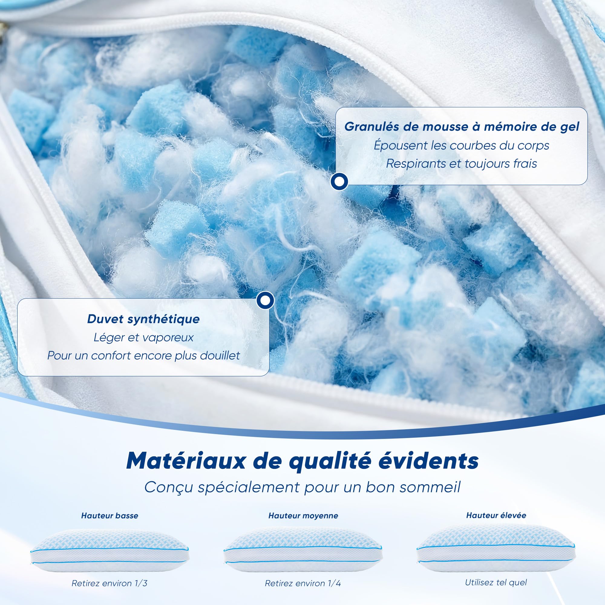 Oreiller mémoire de forme Gel – Oreiller 50x70 cervical à hauteur réglable, coussin respirant confortable, régulation thermique bi-face, avec housse amovible lavable, idéal pour toutes positions