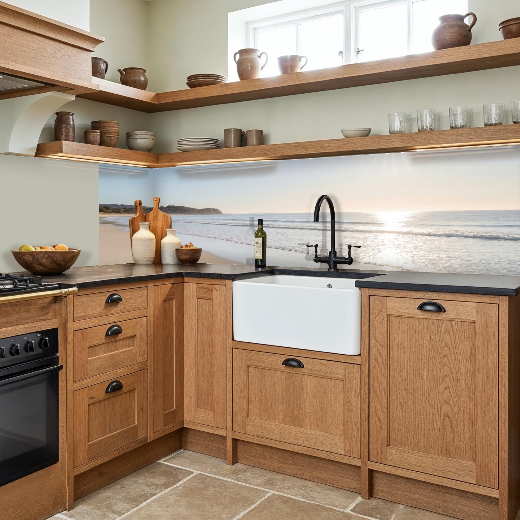 KitchenYeah© Paraschizzi Cucina Adesivo 80x300 cm Pannello Parete Paraspruzzi Muro Decorativo Mare - Sole - Sabbia