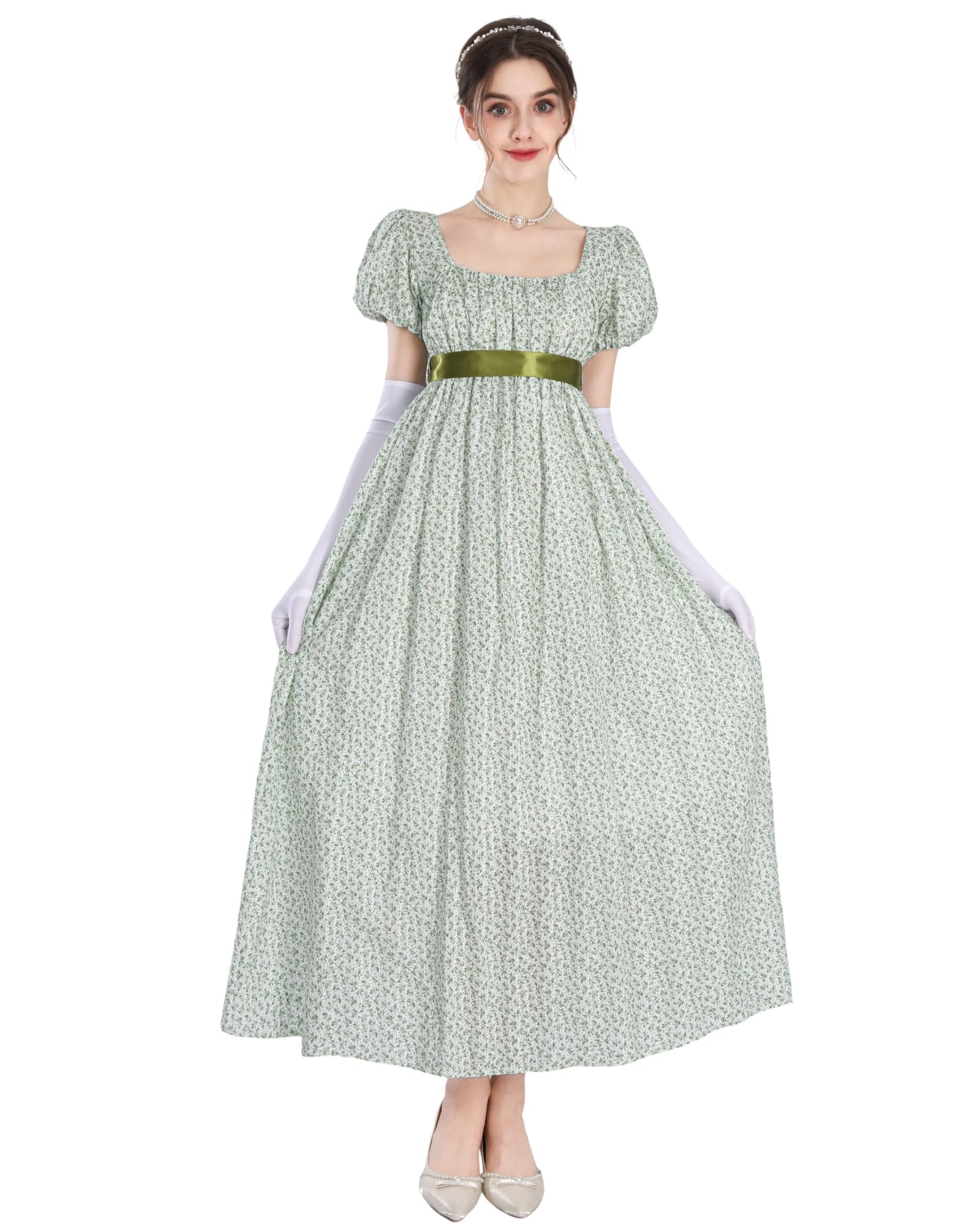 NSPSTT Regency Dress for Women - Floral Empire Waist Long Tea Party Dress with Gloves, Green Floral, XL, Green 1023 - Image 3