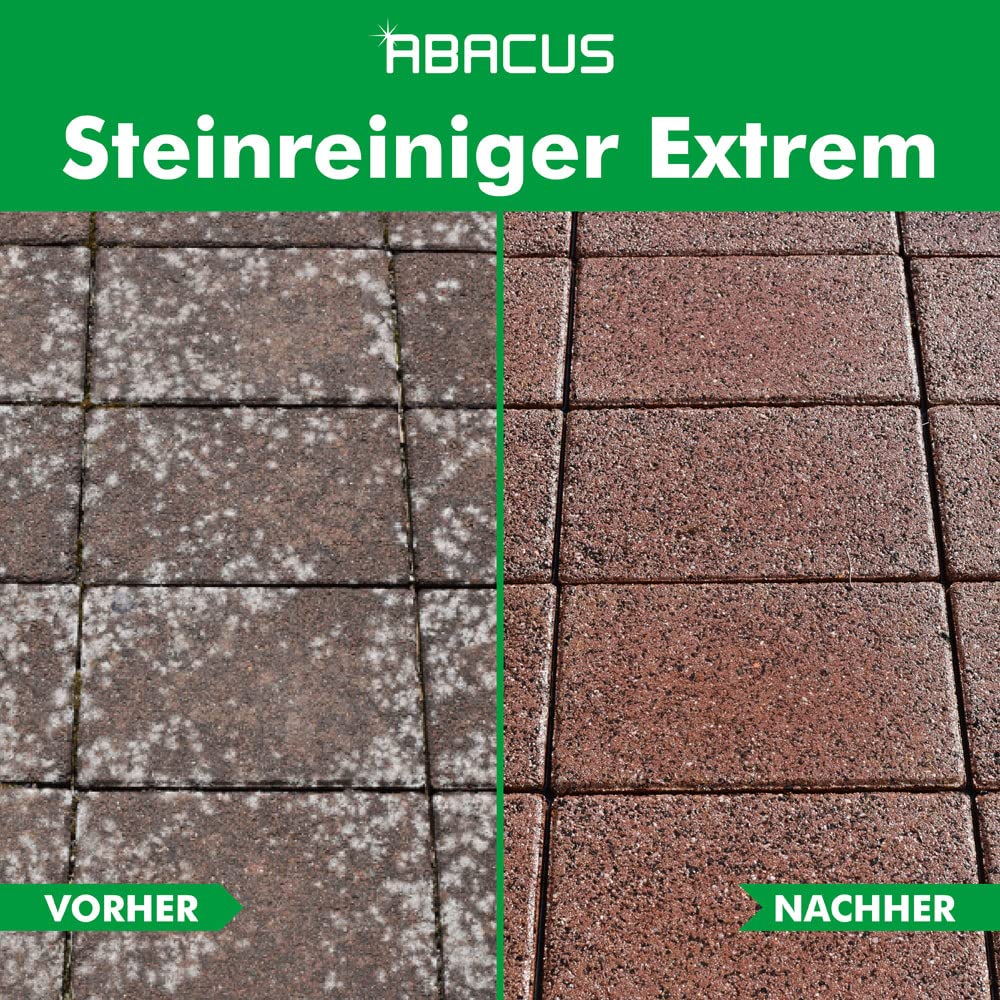 ABACUS® Steinreiniger Extrem, intensiver Steinreiniger für außen mit Sofortwirkung, entfernt sofort Schmutz, Grünbelag, Flechten & Algen auf Steinen in Minuten, Steinreiniger Intensiv außen 12x 1000ml