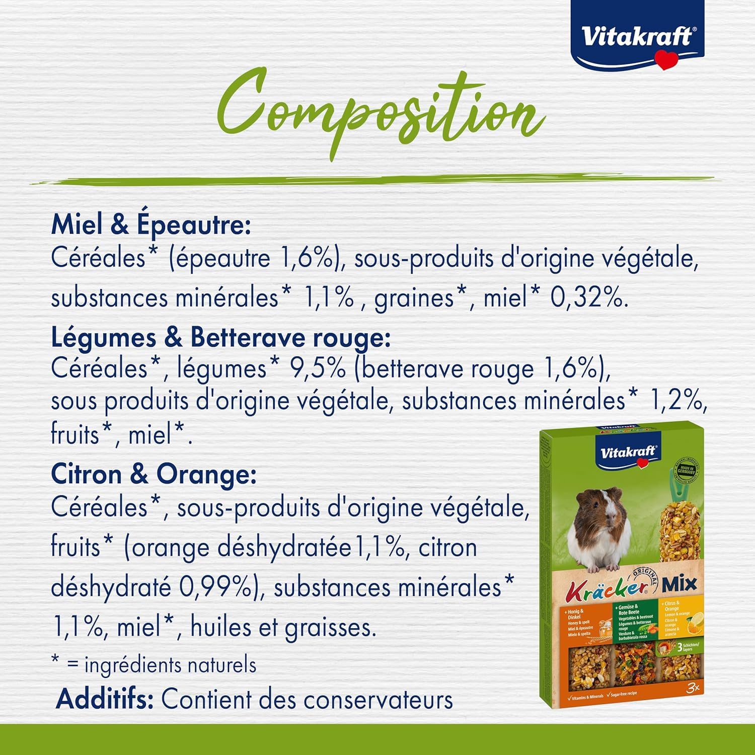 Vitakraft Kräcker Trio Mix Friandise Cochons d'Inde aux agrumes légumes miel - Baguettes vitamines minéraux sans sucre ajouté Lot 10 boîtes 3 baguettes