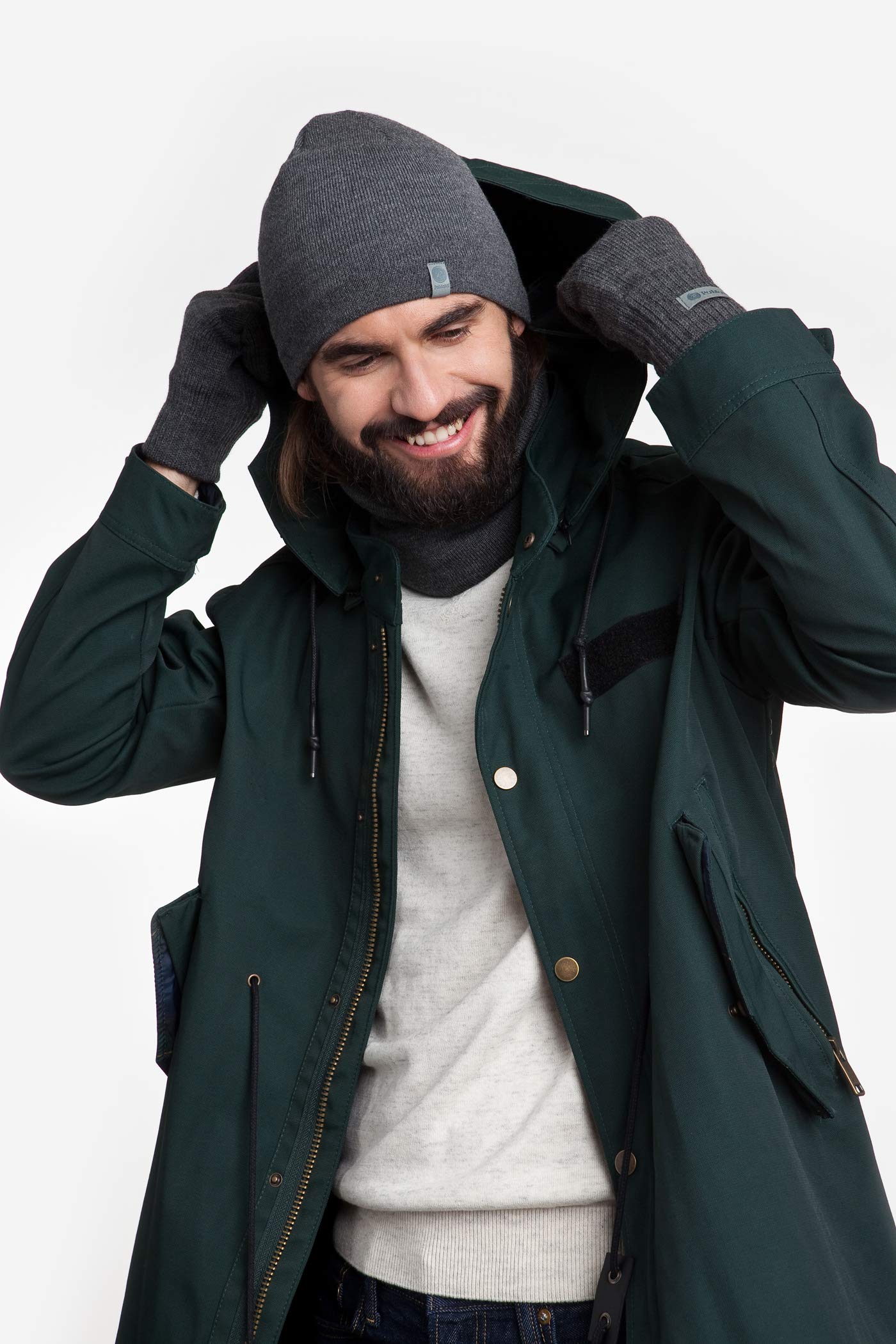Set invernale da uomo, 3 pezzi (guanti, cappello, sciarpa) | Melange grigio chiaro | Guanti 100% acrilico con funzione touch screen, berretto traspirante e sciarpa calda in maglia