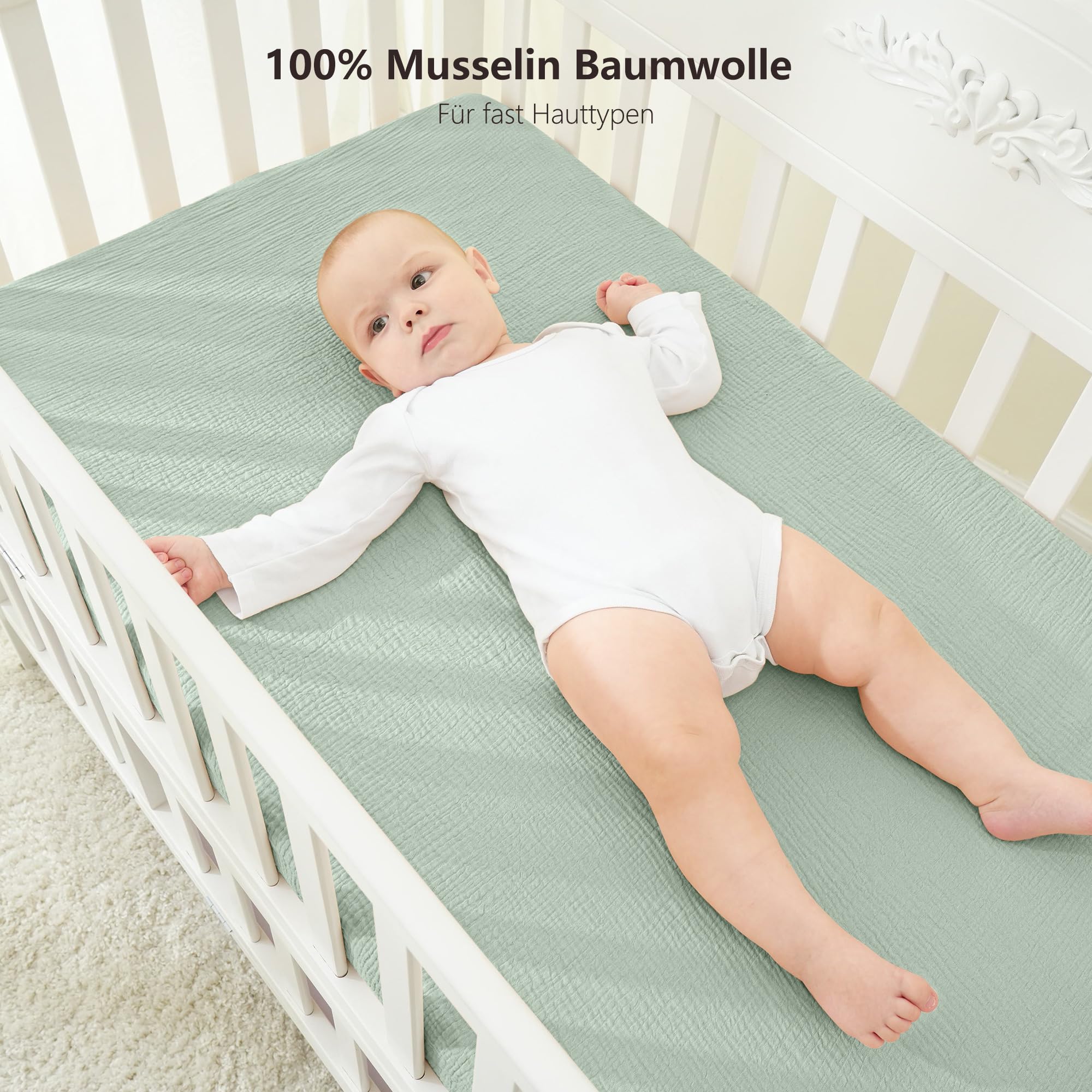 Bearmoss Sábana de Muselina, 100% Algodón, para Colchón Estándar de Cuna y Colchón de Cama Infantil, 60 x 120 cm/70 x 140 cm,Sabana Bajera Cuna Ajustables para Cama Auxiliar (Verde, 70x140)