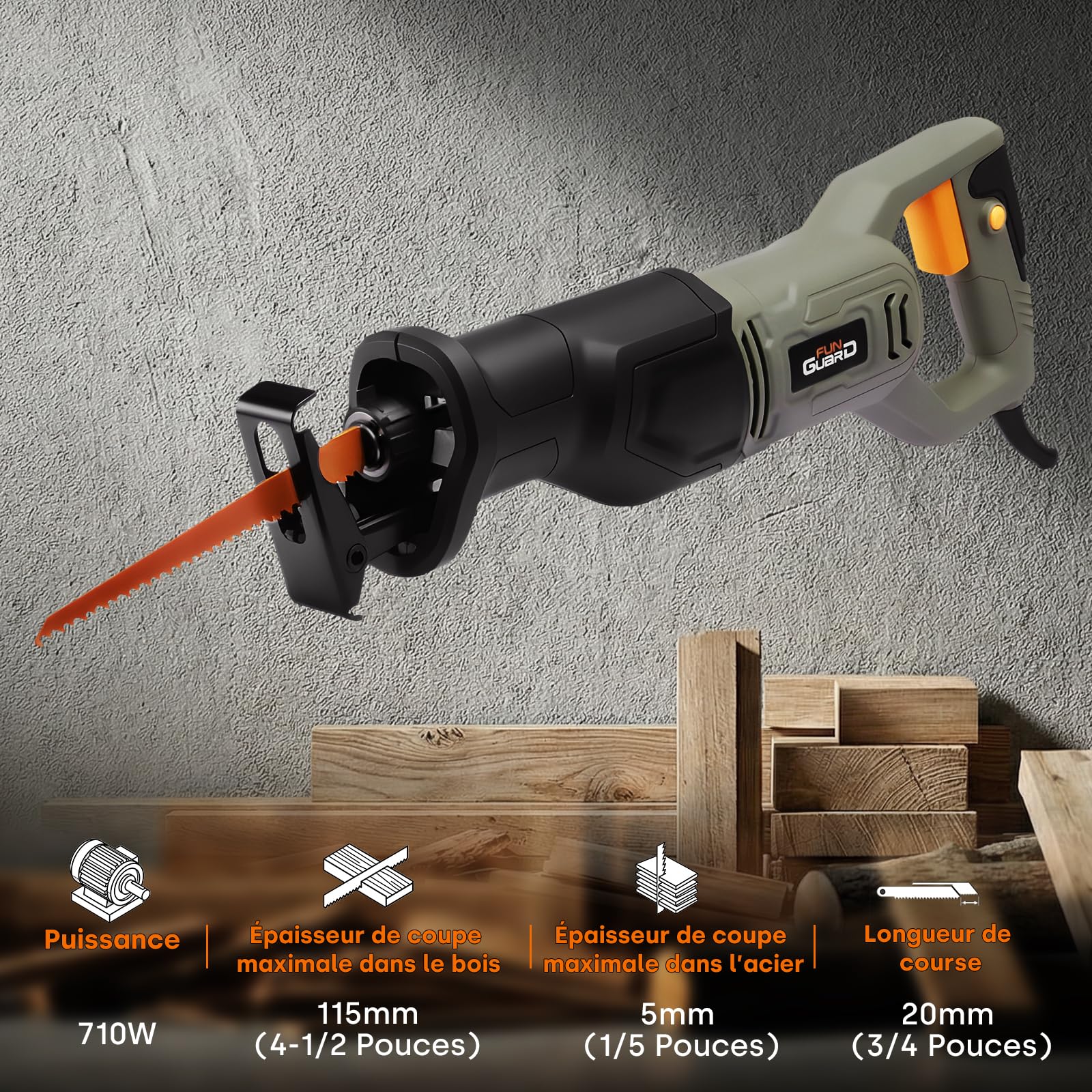 710W Scie Sabre, 2800 SPM Vitesse Variable, Changement de Lame Sans Outil, Longueur de Course de 20 mm, 6 Lames pour le Bois, Le Métal Tendre et la Coupe de Tuyaux en PVC