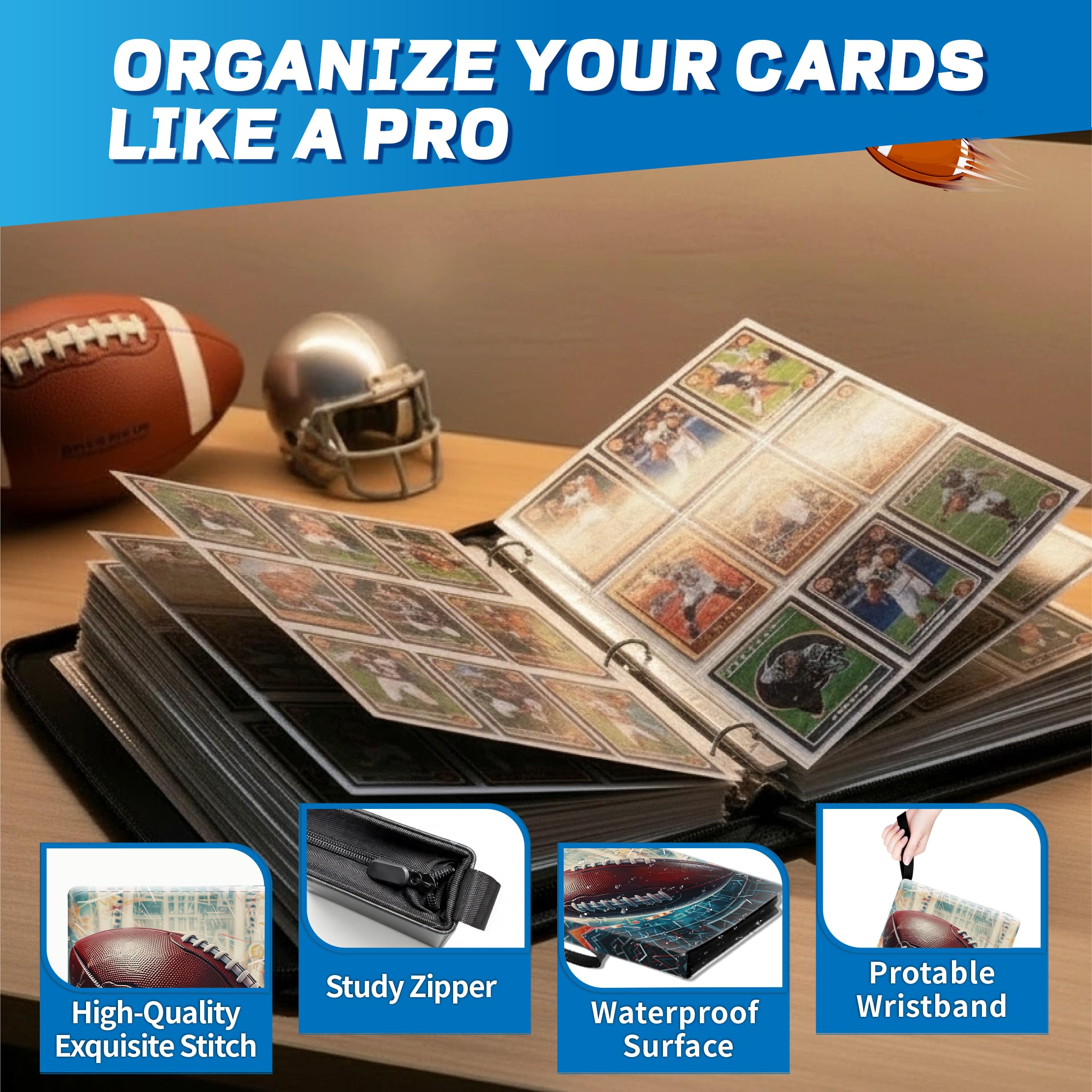 XS04 Classeur pour cartes de football avec pochettes, 9 pochettes de protection pour cartes de football avec fermeture éclair, peut contenir 900 cartes avec 50 pochettes amovibles, étui de transport