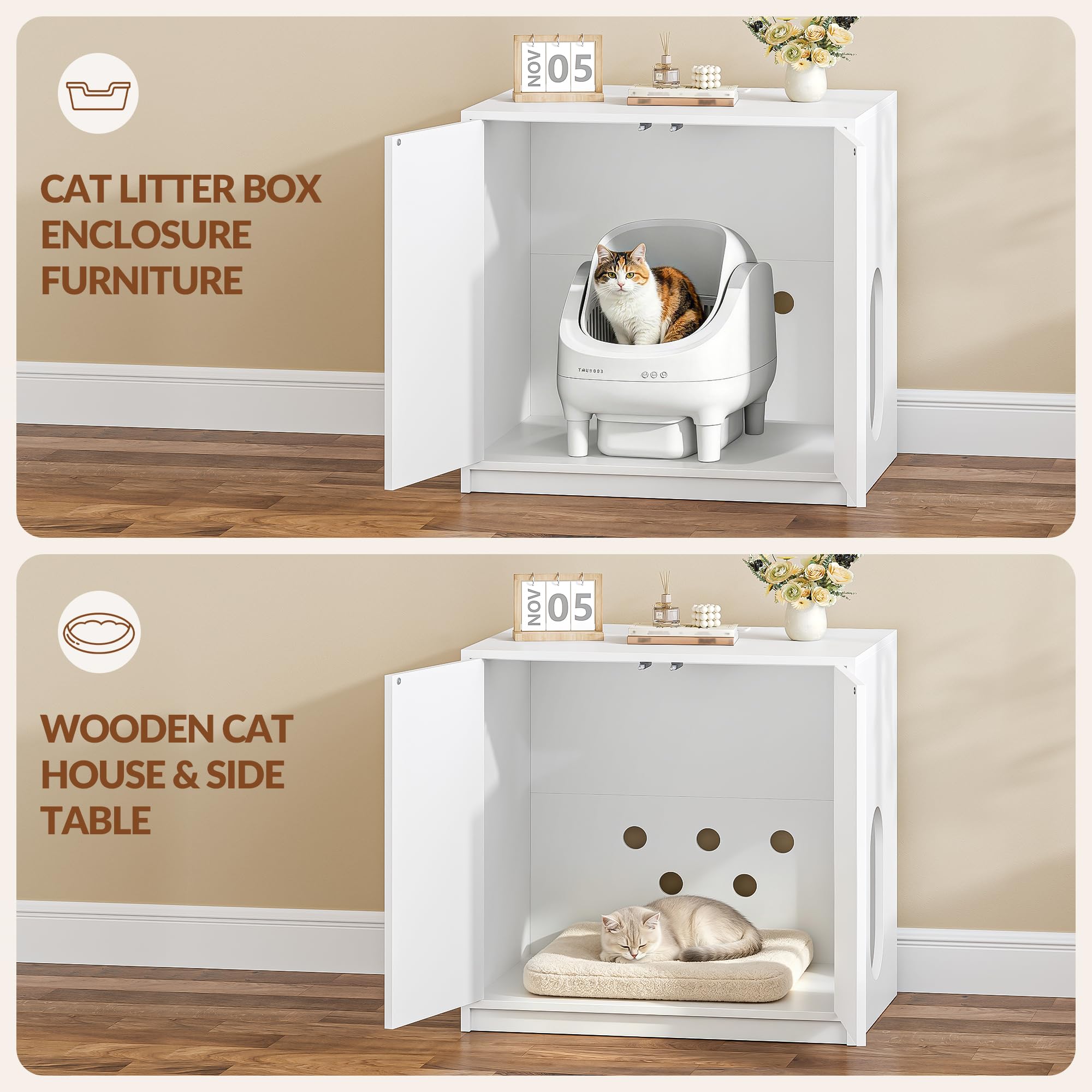 Mobile Lettiera per Gatti con Multipresa, 80 x 60 x 80cm, Bianco | Mobile per Lettiera Nascosta, Adatto per Lettiere Elettriche, Casetta per Gatti con Ingresso Laterale Regolabile FPCB202PW1EU