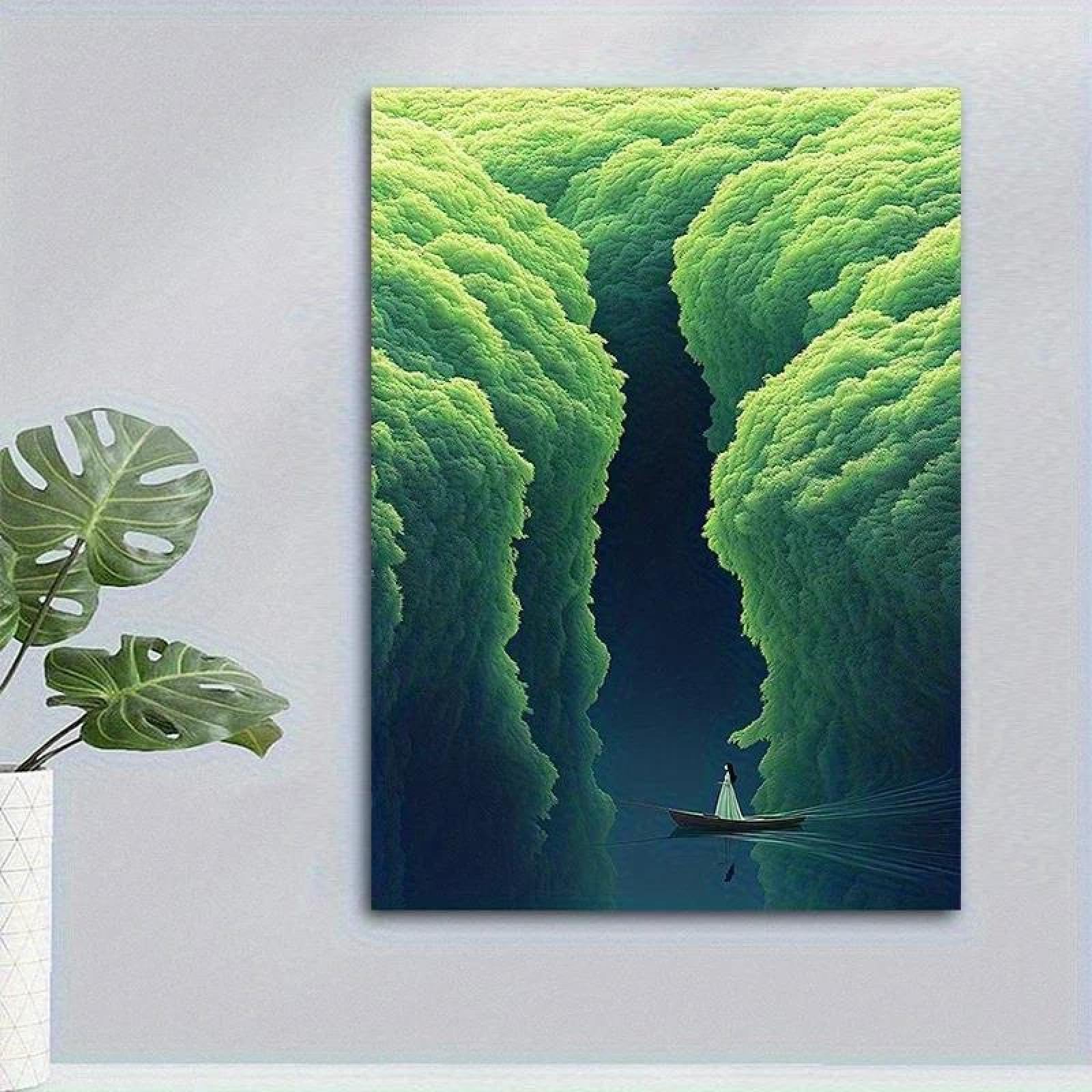 Yocheng Canvas Wall Art Poster - Serene Woman In Boat,Deep Greens & Navy Blues Night Scene Painting Rustic Home Decor For Livin 50x70cm No Frame