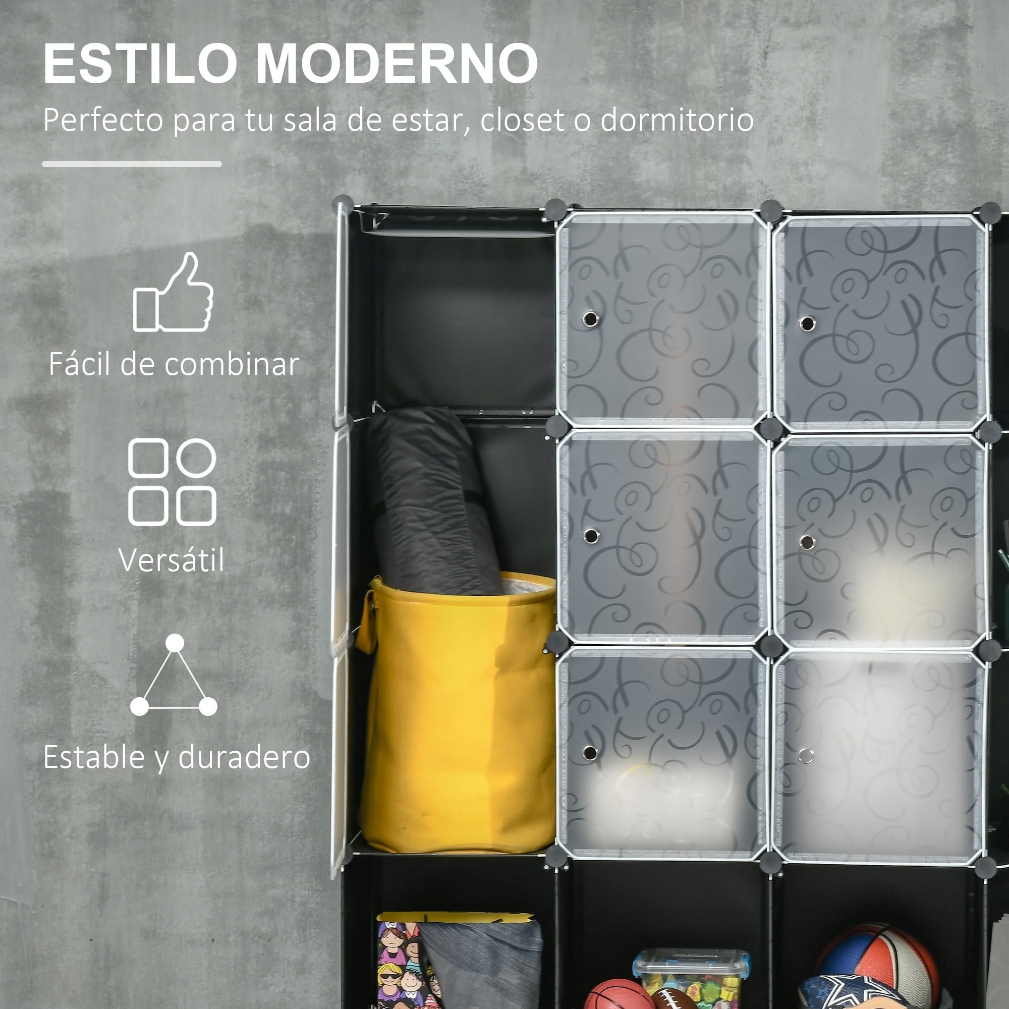 HOMCOM Armario Modular de Plástico con 16 Cubos y 2 Barras Negro y Blanco
