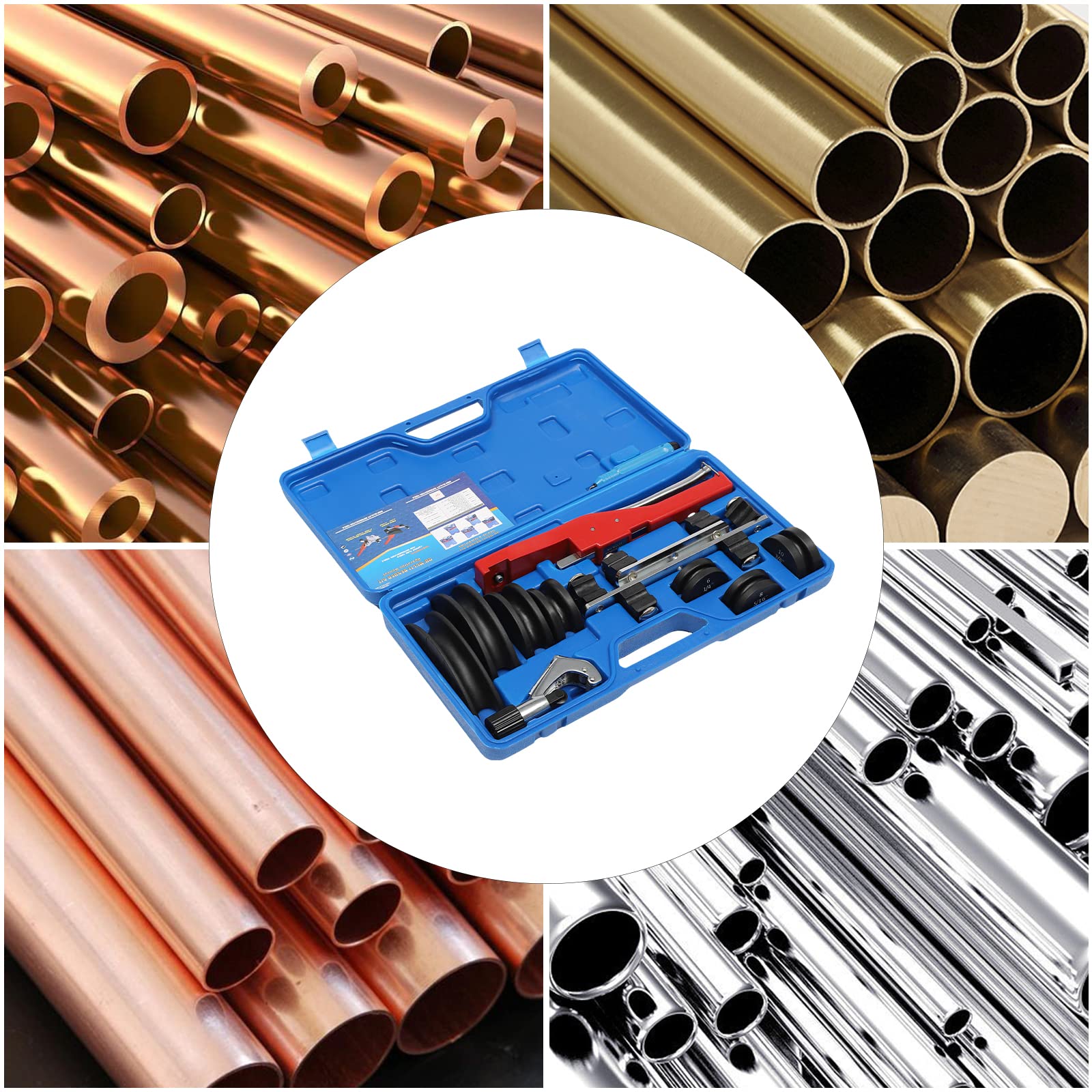 Piegatubi 6 – 22 mm, piegatubi con raggio di curvatura fino a 90° e 7 diverse teste di piegatura per tubi in rame, tubi in alluminio, tubi in acciaio inox a pareti sottili